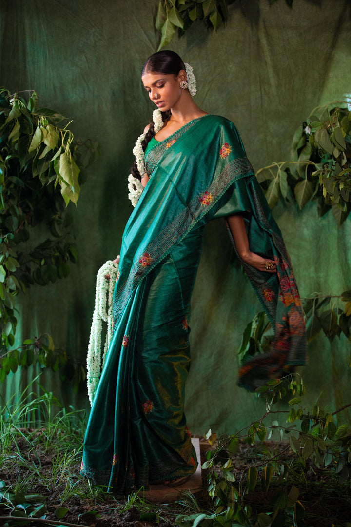 Ivory Bloom Hand-Embroidered Tussar Saree
