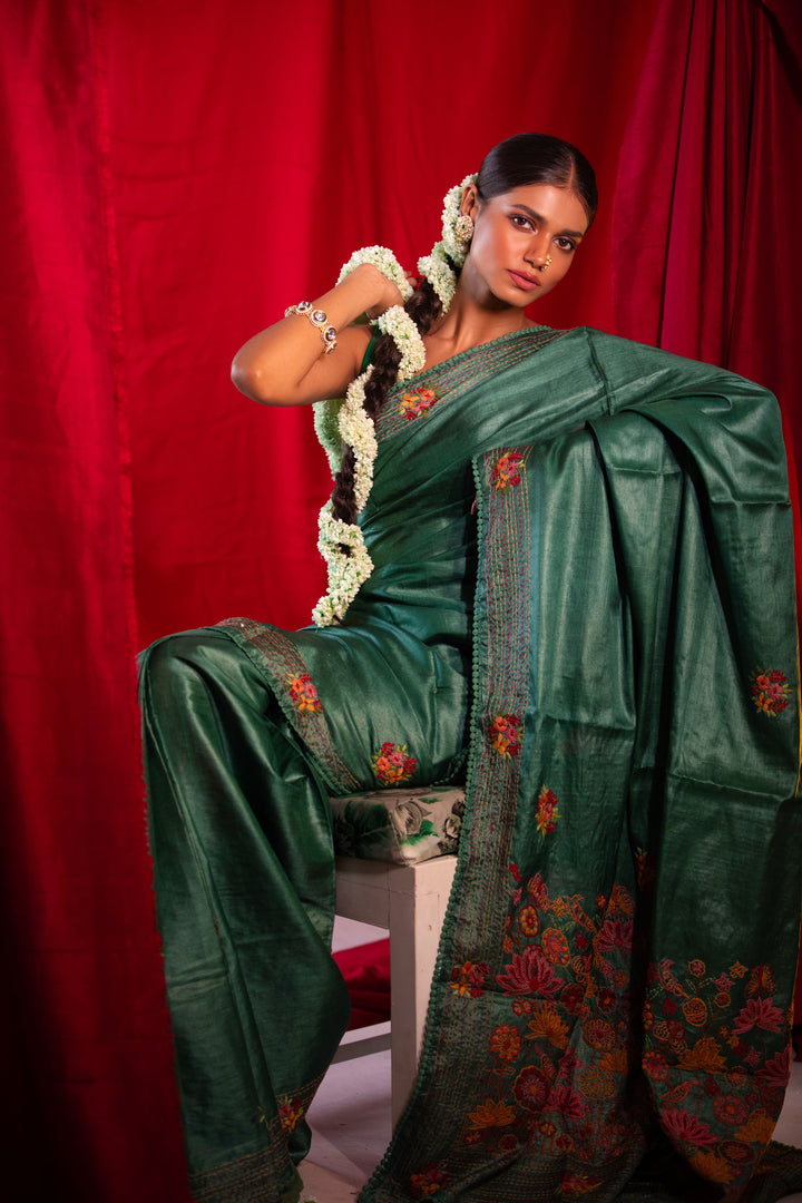 Ivory Bloom Hand-Embroidered Tussar Saree