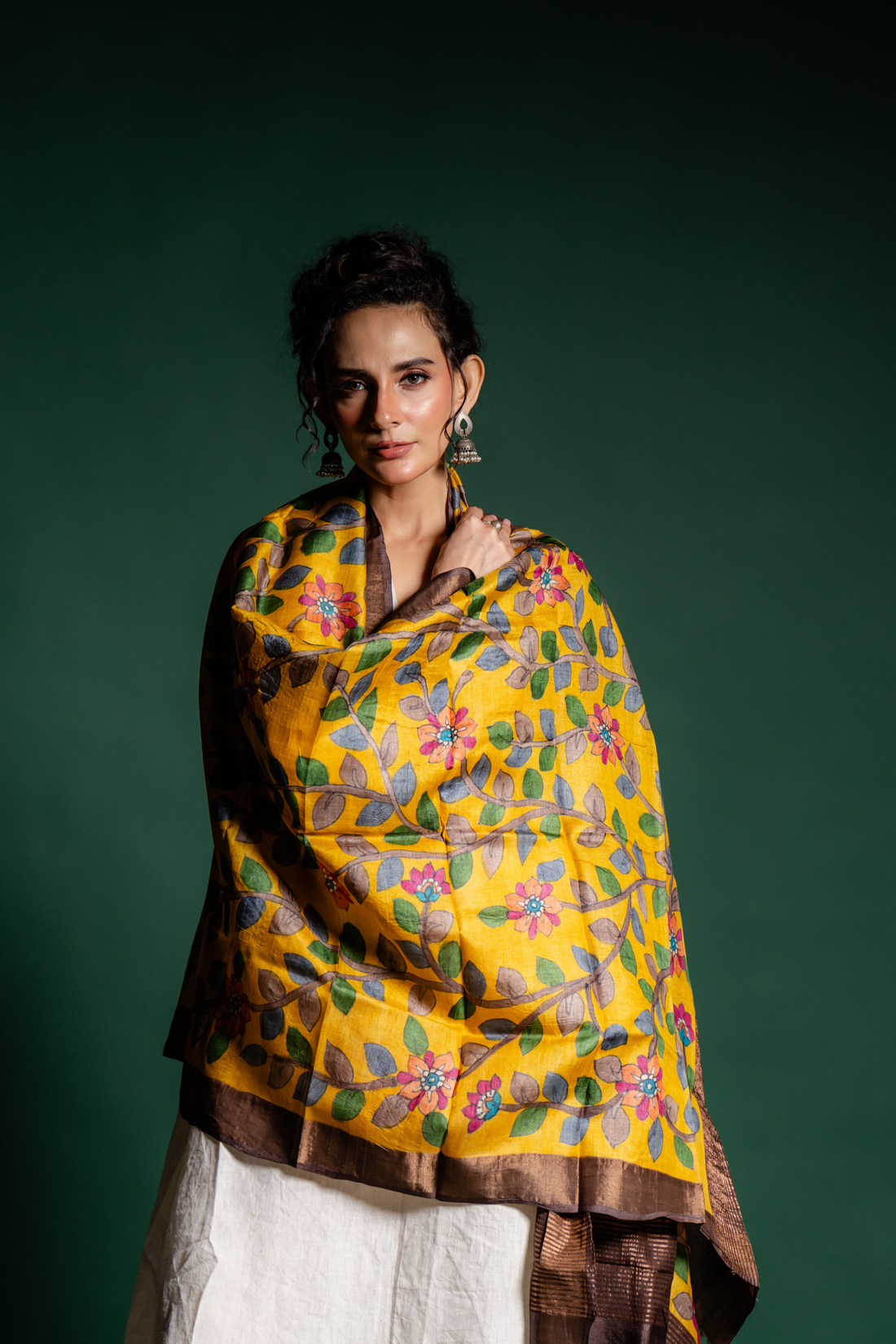Golden Mustard Floral Vine Silk Dupatta: A Radiant Garden of Grace