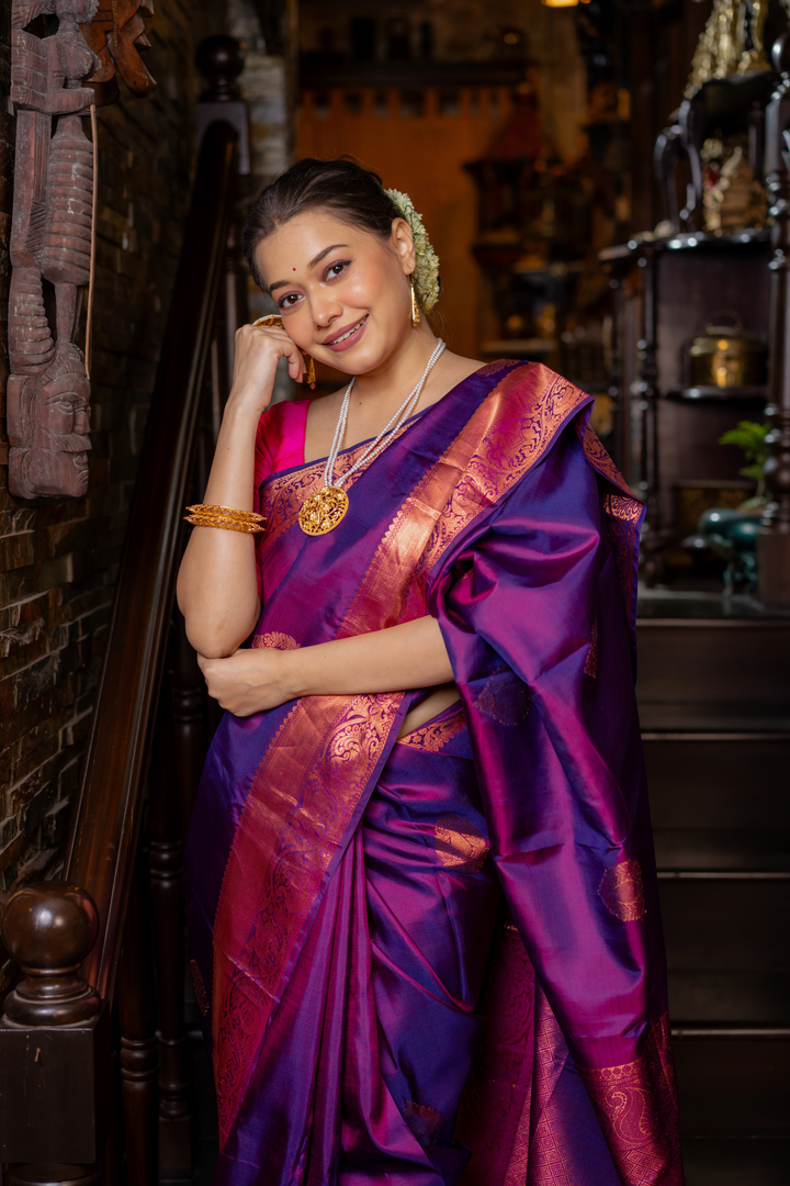 Regal Violet Kanjivaram Saree — A Drape of Majestic Splendor