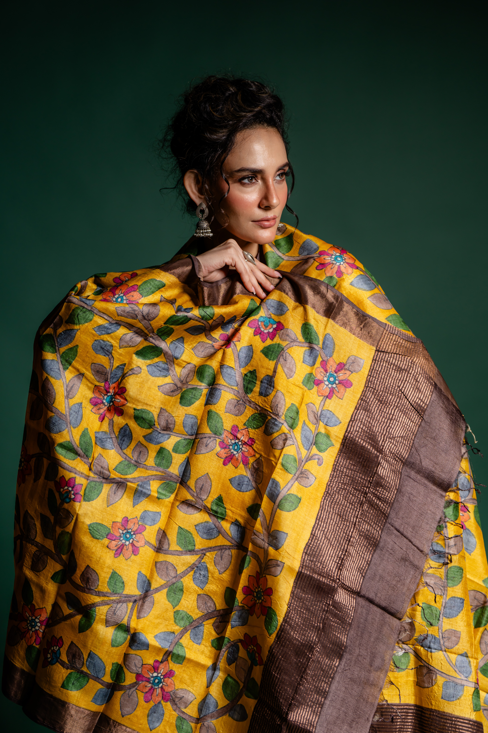 Golden Mustard Floral Vine Silk Dupatta: A Radiant Garden of Grace