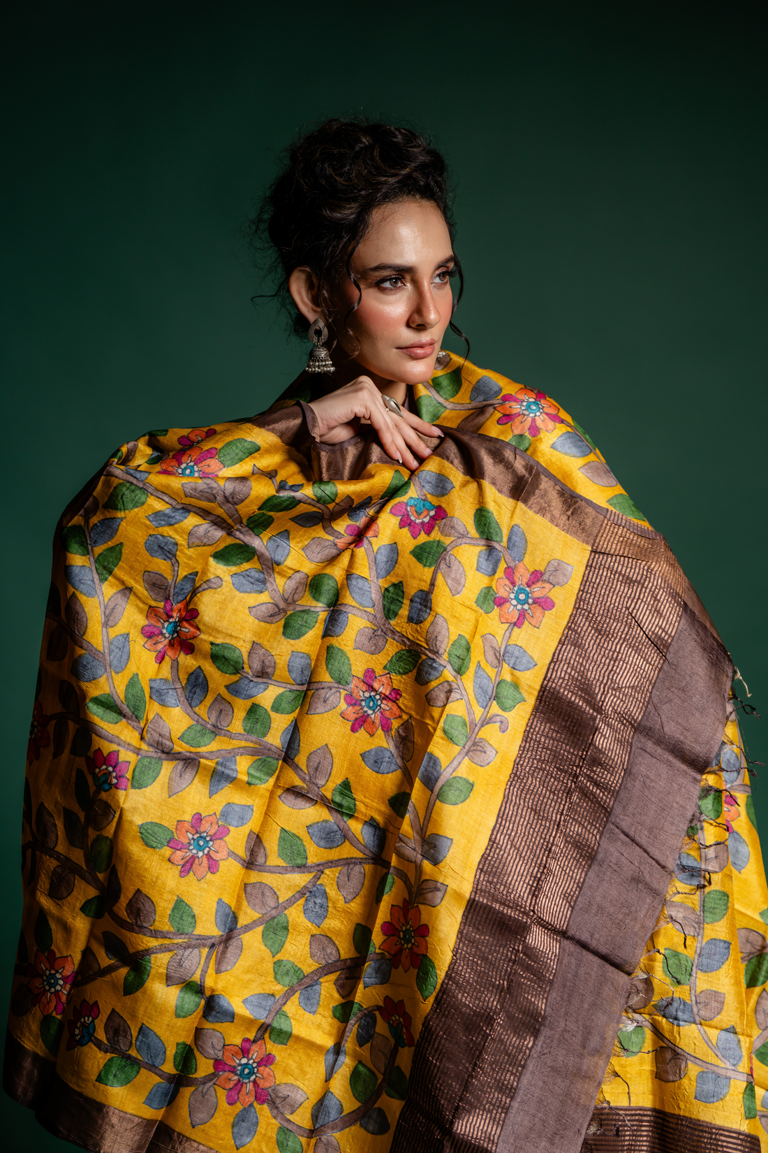 Golden Mustard Floral Vine Silk Dupatta: A Radiant Garden of Grace