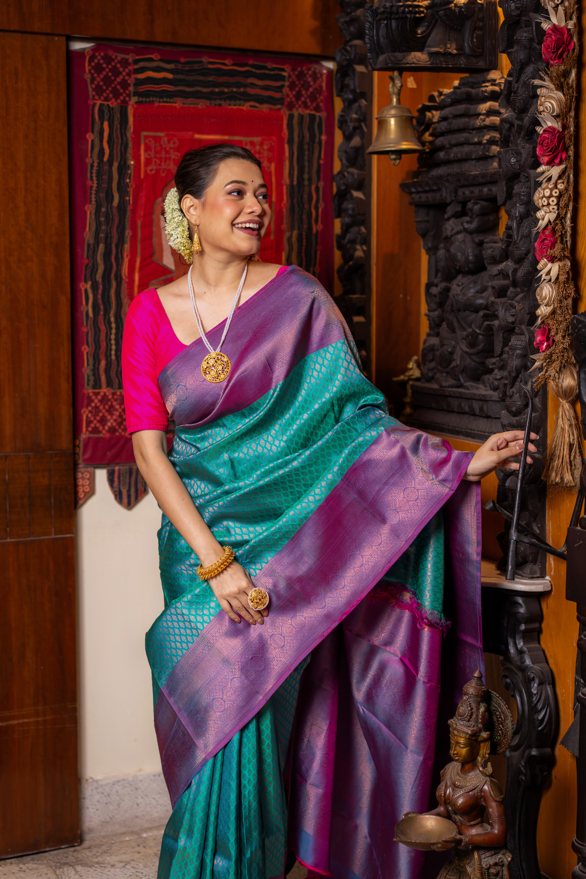 Aqua-Magenta Kanjivaram Silk Saree — A Portrait of South Indian Grandeur