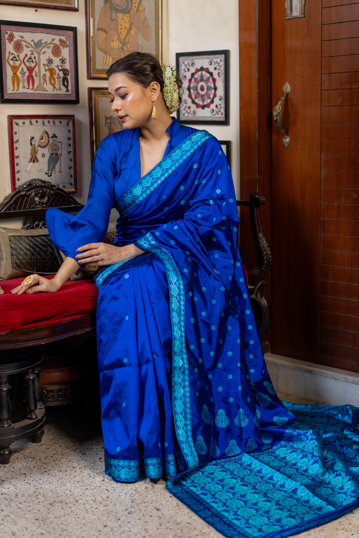 Royal Azure Zari Woven Silk Saree — A Symphony of Regal Radiance