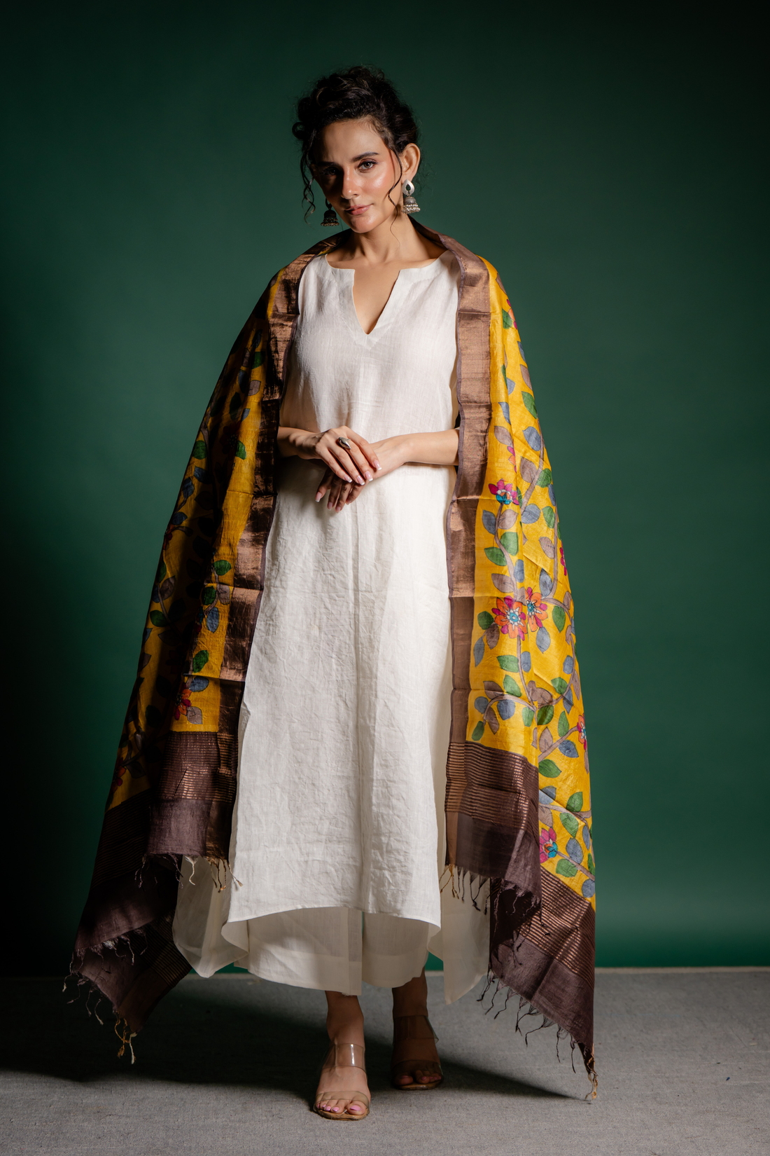 Golden Mustard Floral Vine Silk Dupatta: A Radiant Garden of Grace