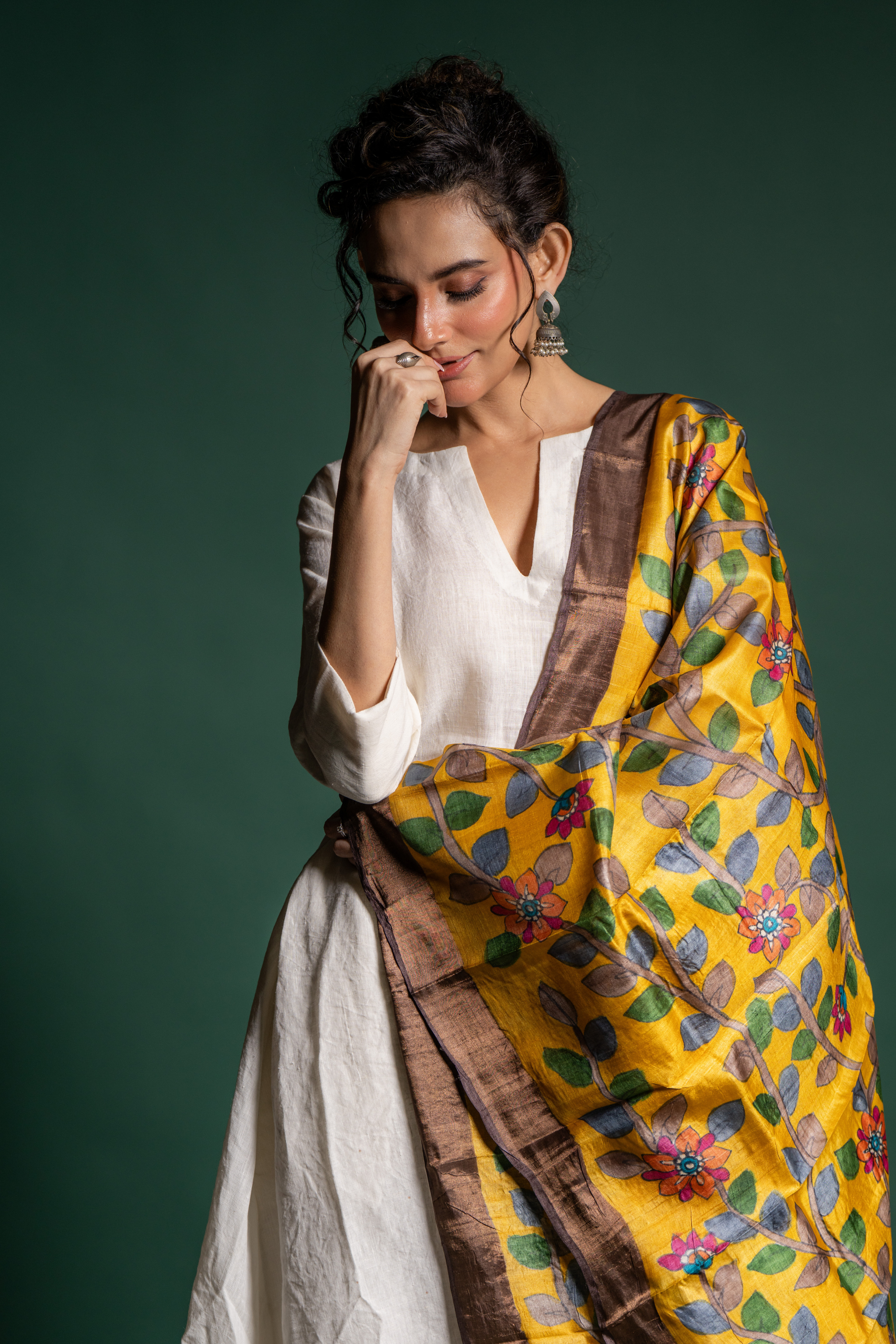 Golden Mustard Floral Vine Silk Dupatta: A Radiant Garden of Grace