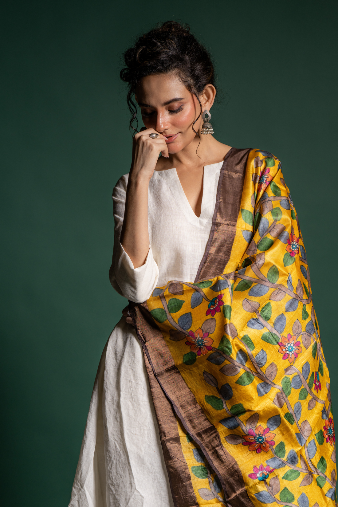 Golden Mustard Floral Vine Silk Dupatta: A Radiant Garden of Grace