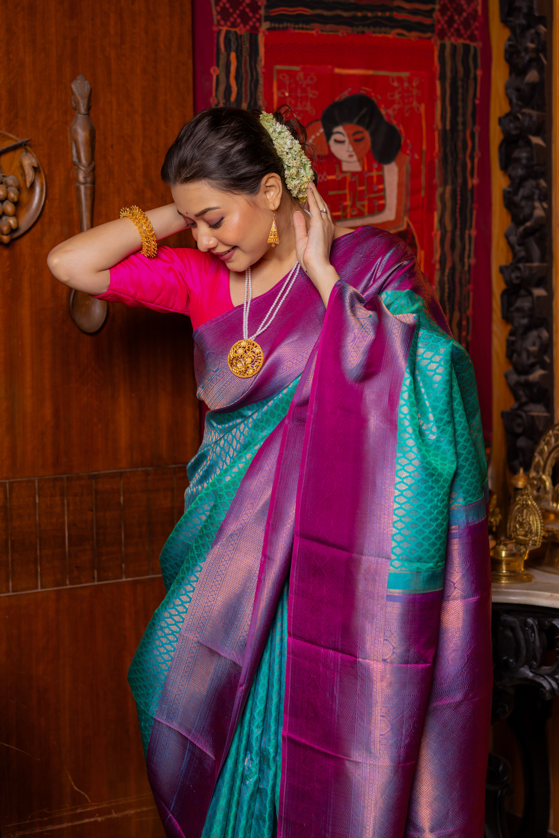 Aqua-Magenta Kanjivaram Silk Saree — A Portrait of South Indian Grandeur