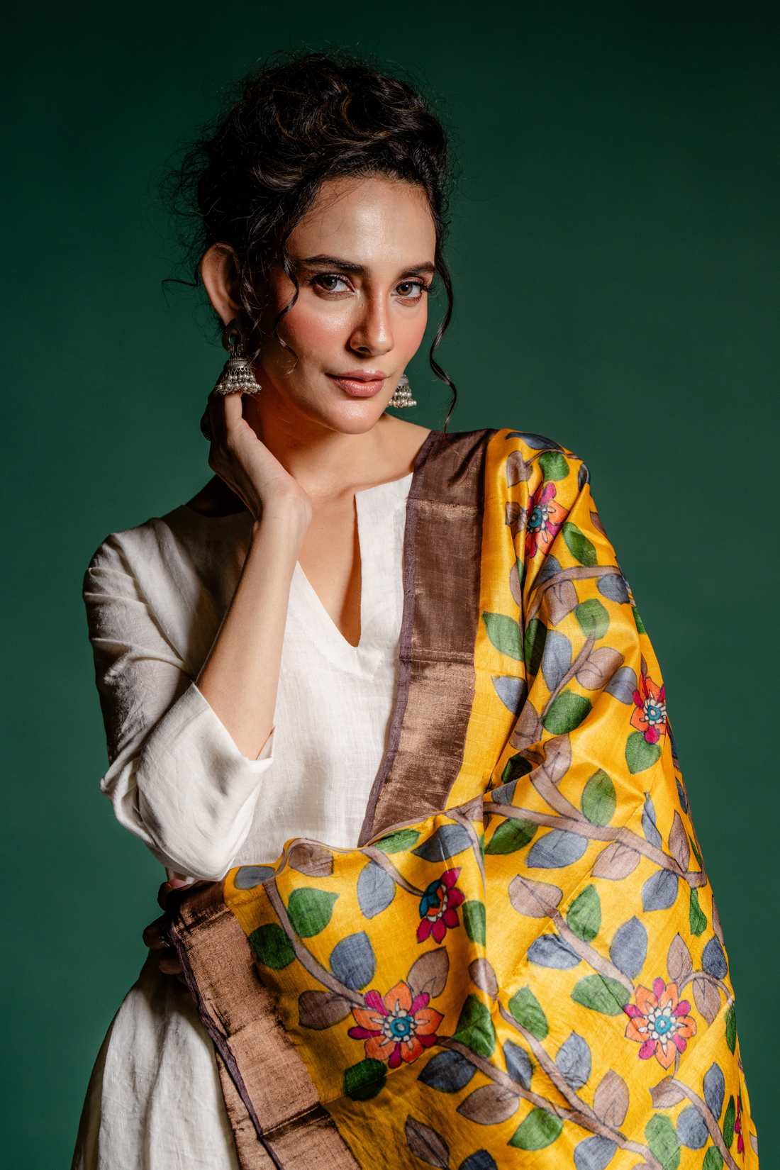 Golden Mustard Floral Vine Silk Dupatta: A Radiant Garden of Grace