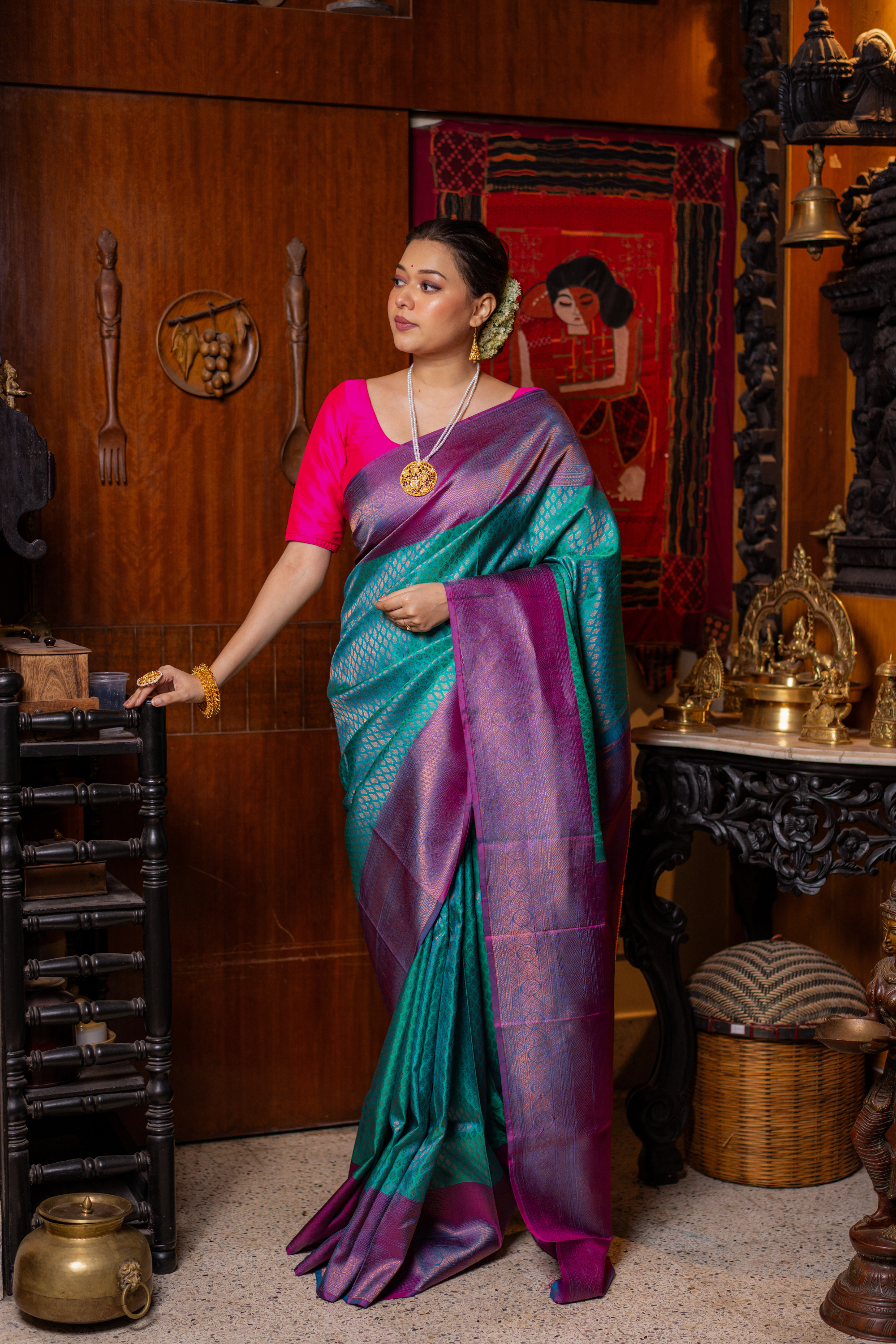 Aqua-Magenta Kanjivaram Silk Saree — A Portrait of South Indian Grandeur