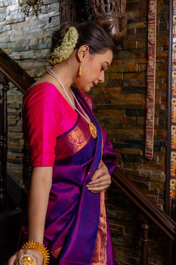 Regal Violet Kanjivaram Saree — A Drape of Majestic Splendor