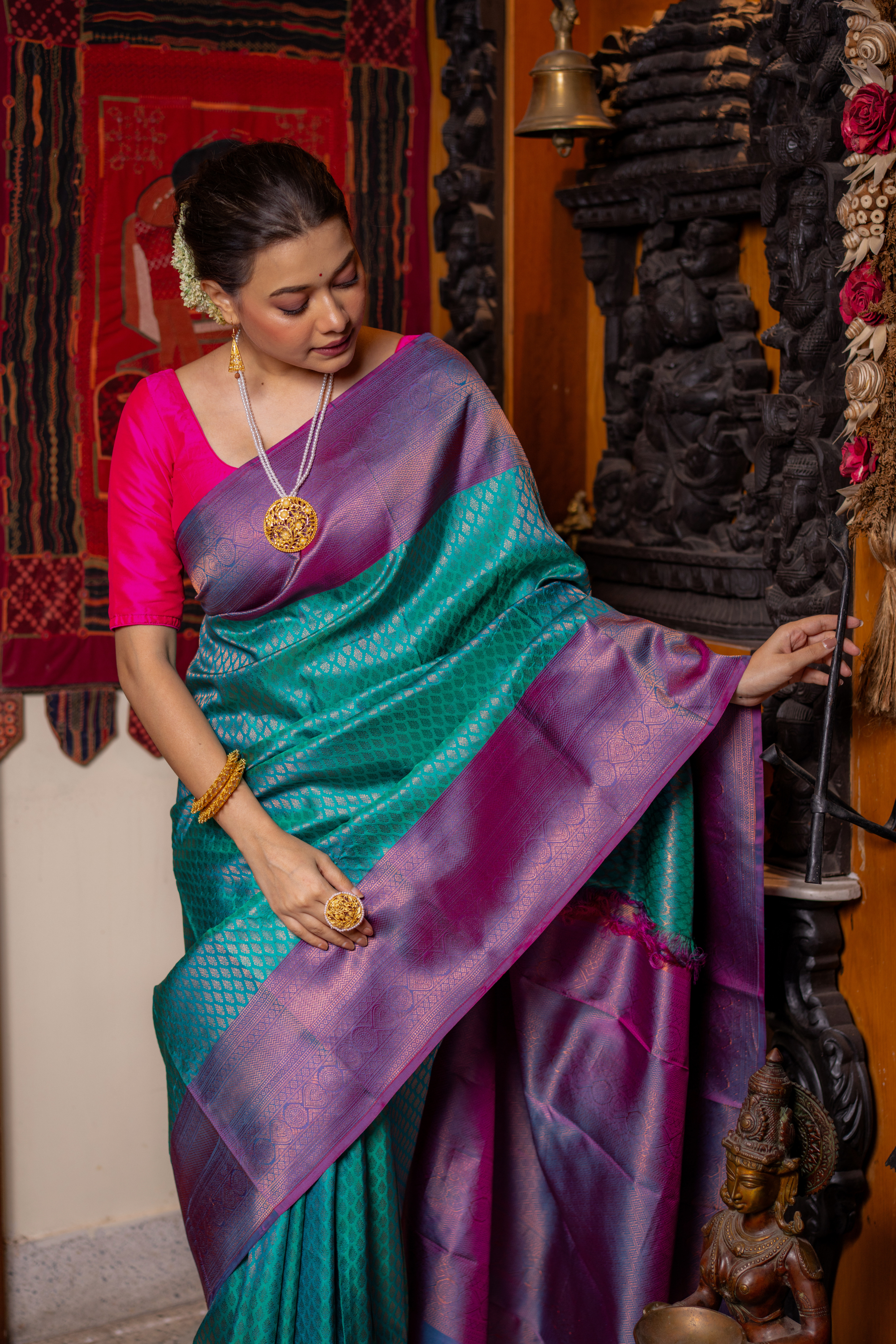 Aqua-Magenta Kanjivaram Silk Saree — A Portrait of South Indian Grandeur