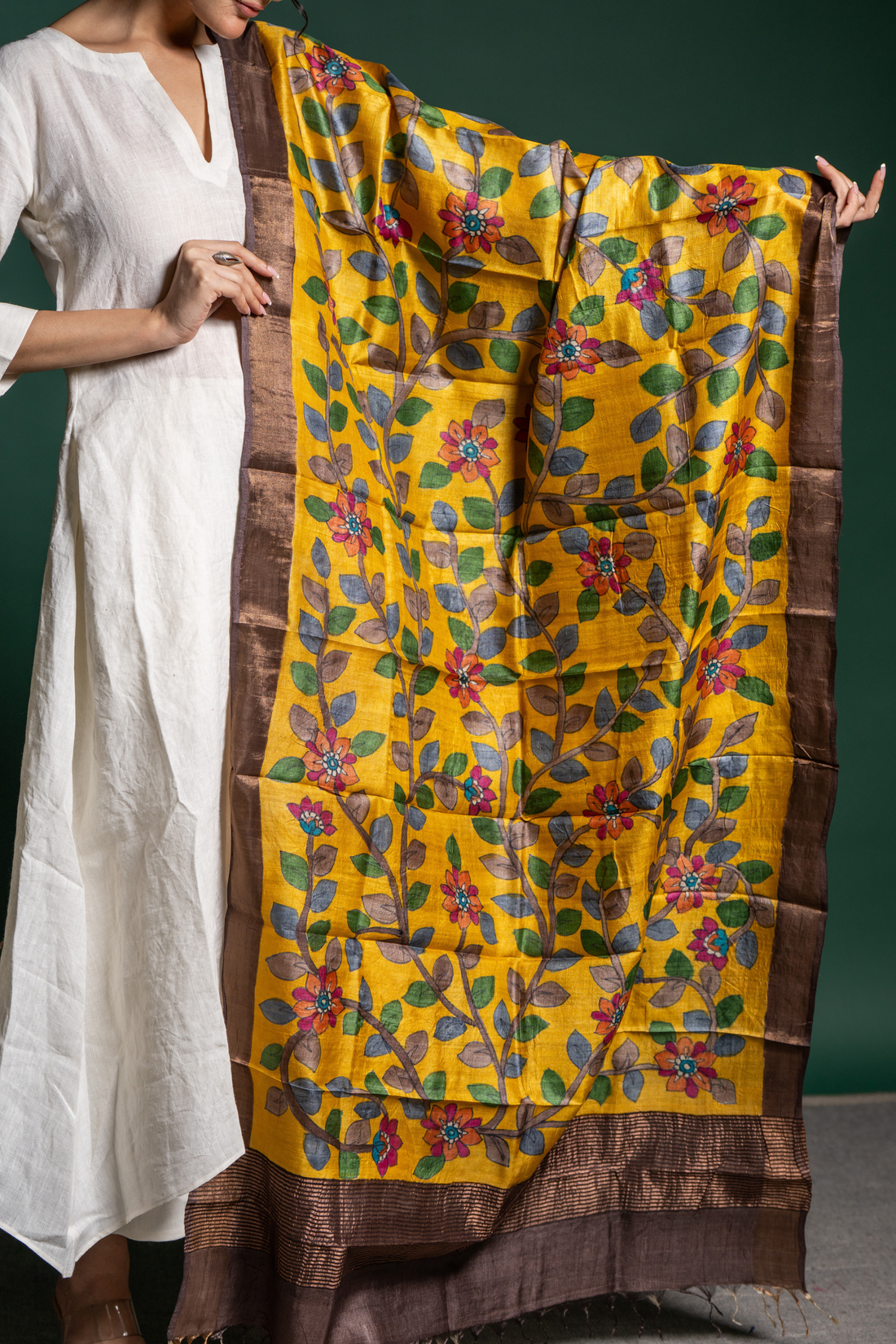 Golden Mustard Floral Vine Silk Dupatta: A Radiant Garden of Grace
