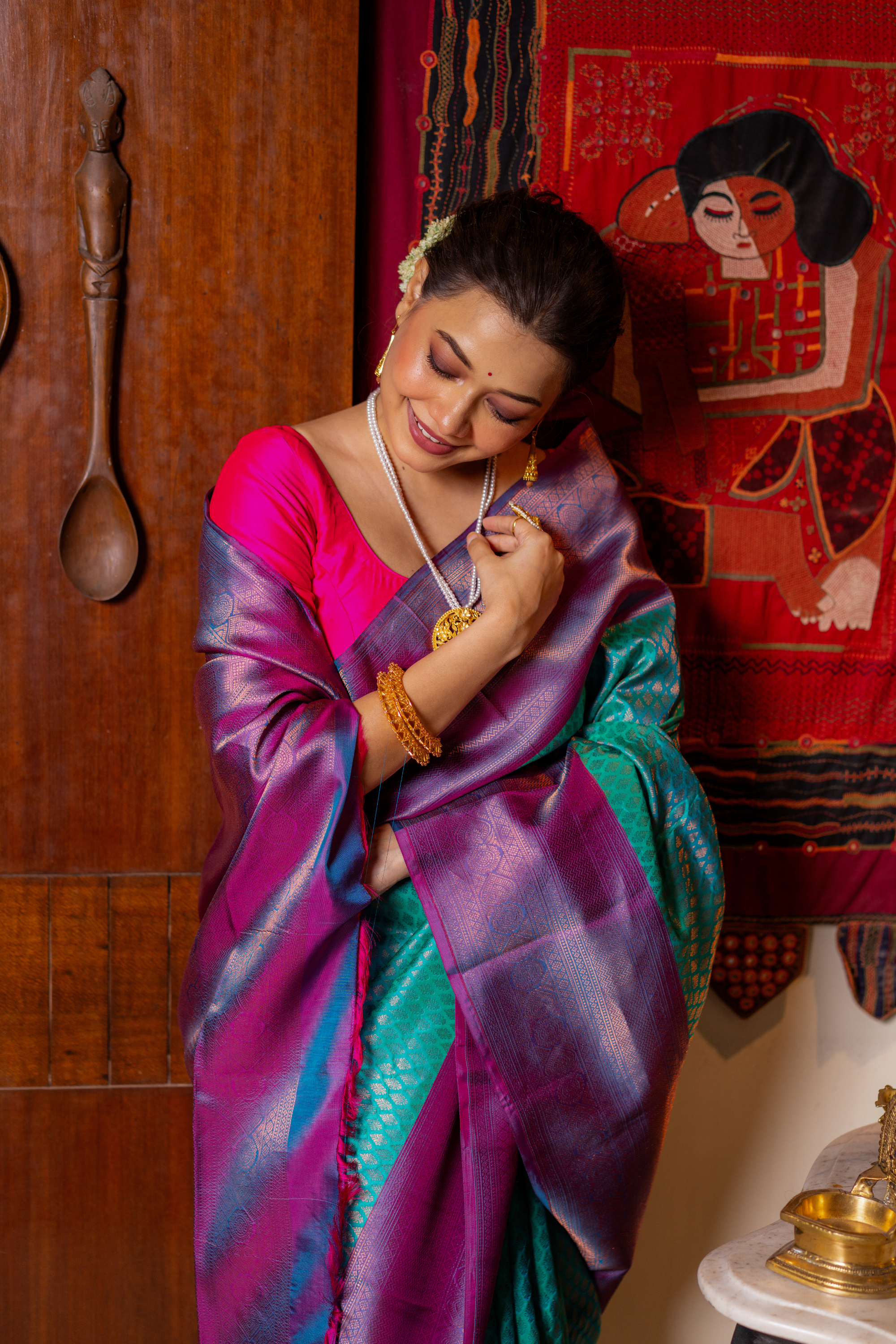 Aqua-Magenta Kanjivaram Silk Saree — A Portrait of South Indian Grandeur