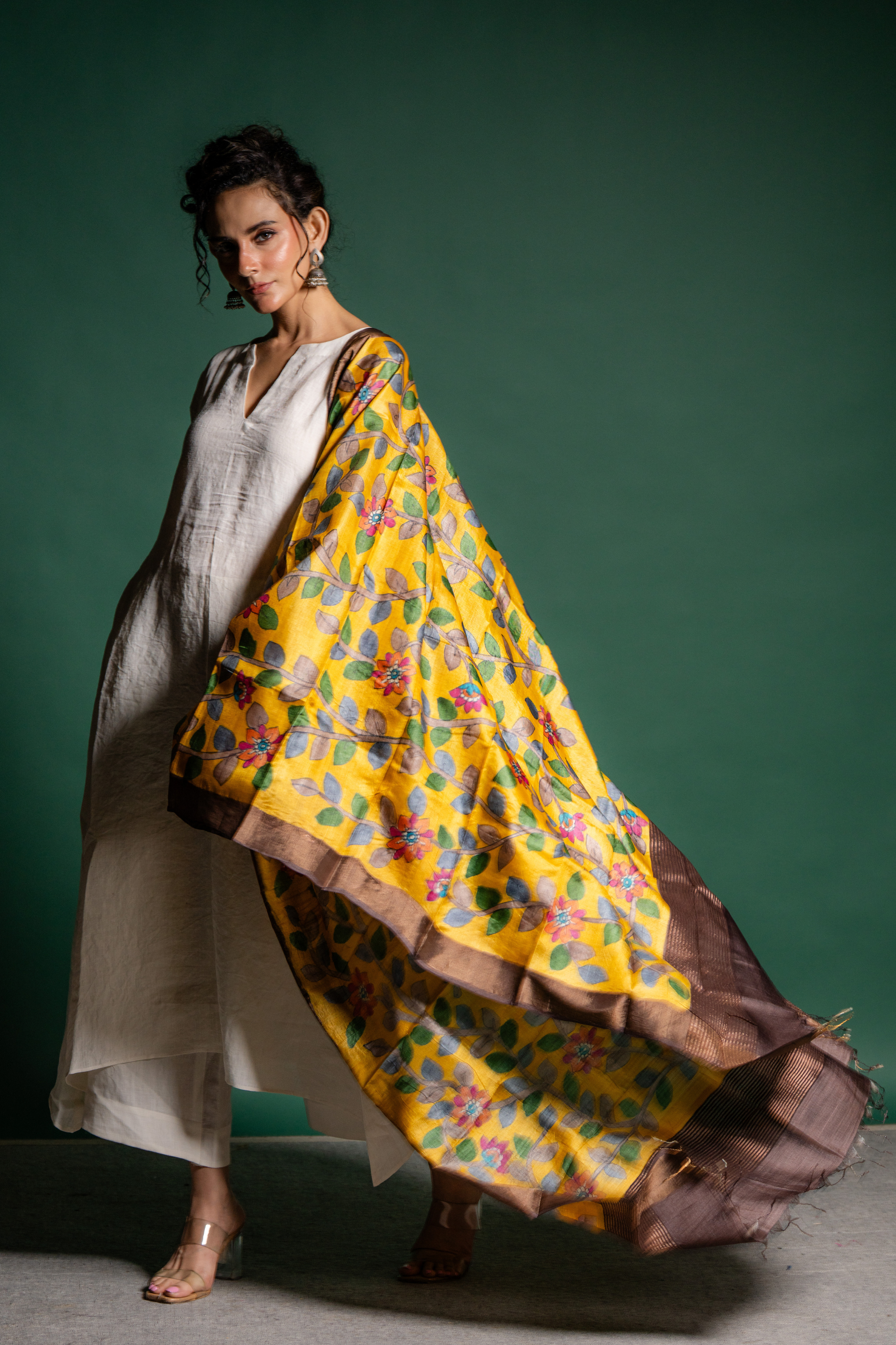 Golden Mustard Floral Vine Silk Dupatta: A Radiant Garden of Grace