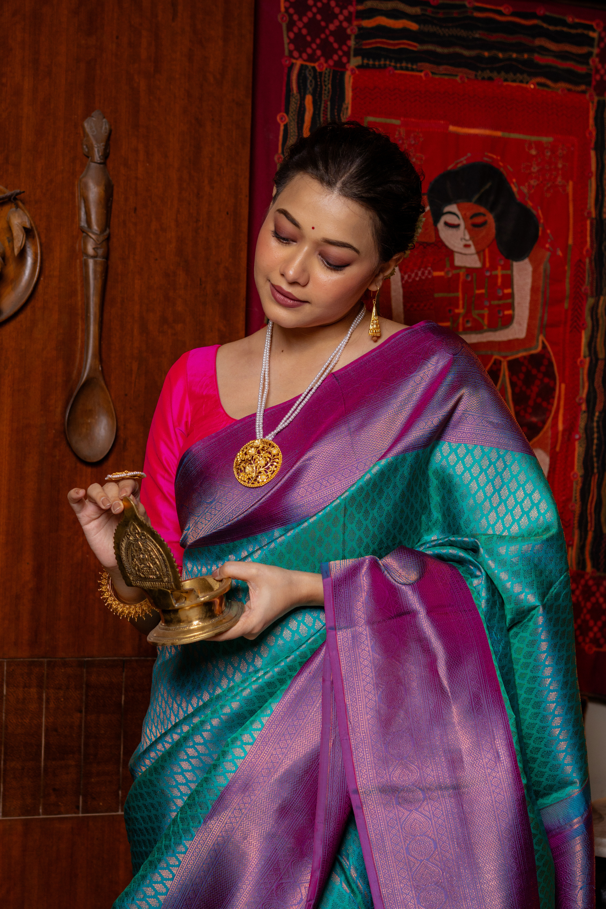Aqua-Magenta Kanjivaram Silk Saree — A Portrait of South Indian Grandeur