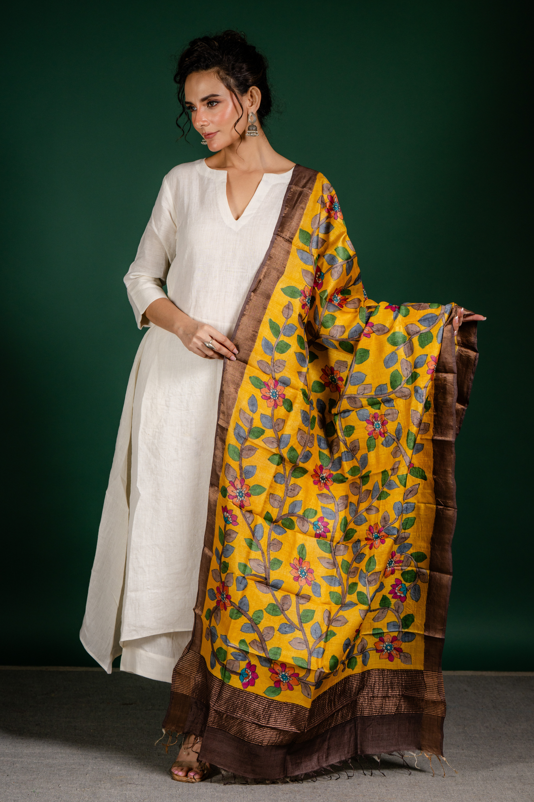 Golden Mustard Floral Vine Silk Dupatta: A Radiant Garden of Grace