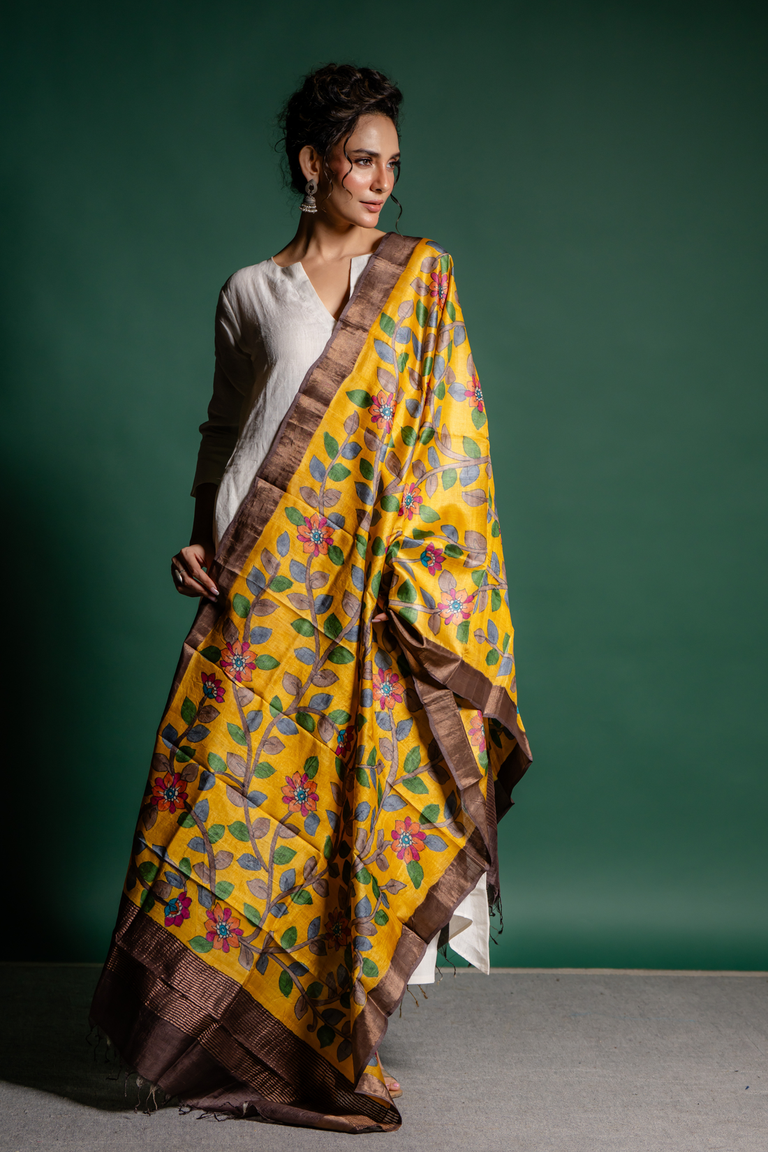 Golden Mustard Floral Vine Silk Dupatta: A Radiant Garden of Grace
