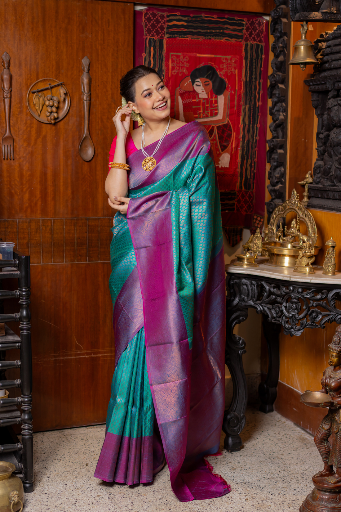 Aqua-Magenta Kanjivaram Silk Saree — A Portrait of South Indian Grandeur