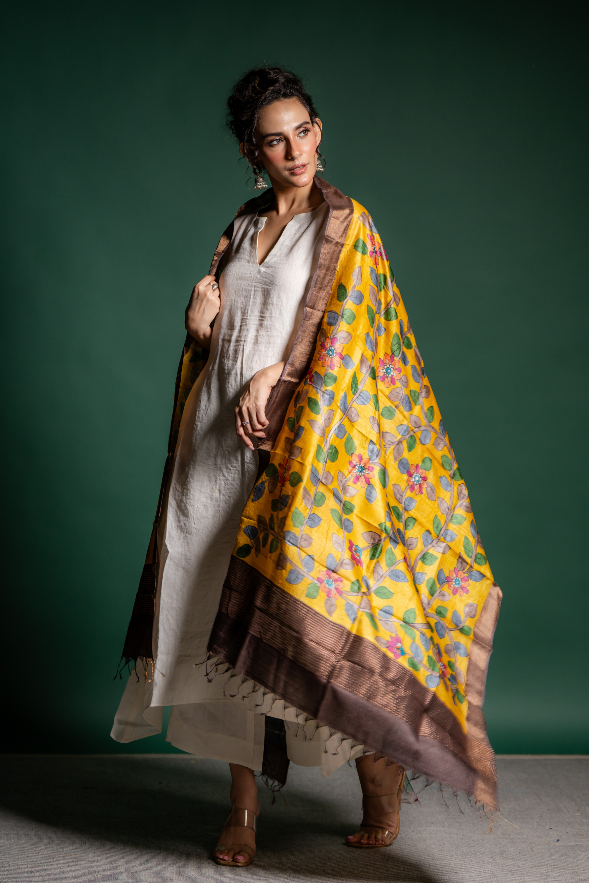 Golden Mustard Floral Vine Silk Dupatta: A Radiant Garden of Grace