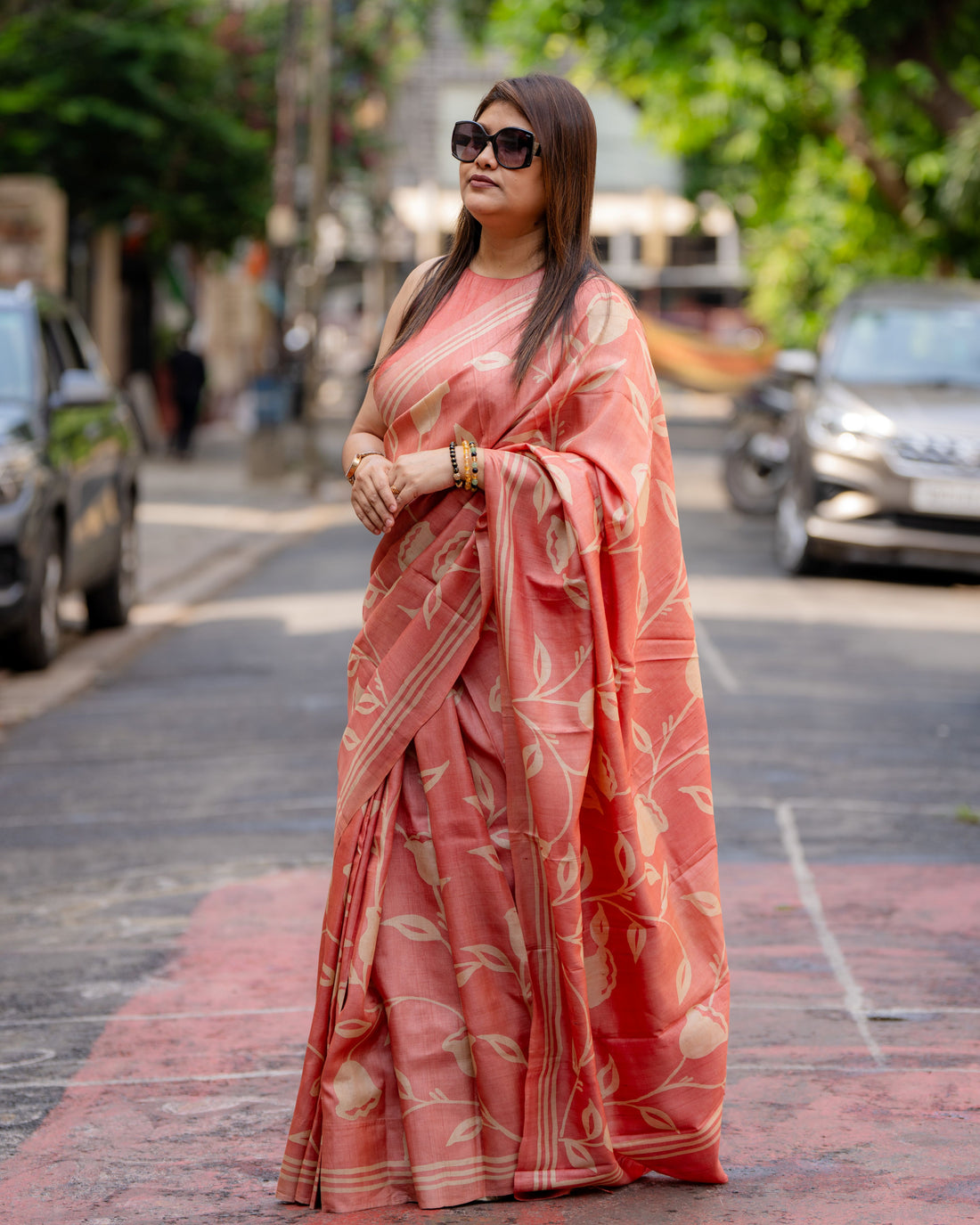 Coral Blossom Siuli Batik Silk Saree
