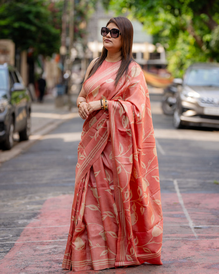 Coral Blossom Siuli Batik Silk Saree
