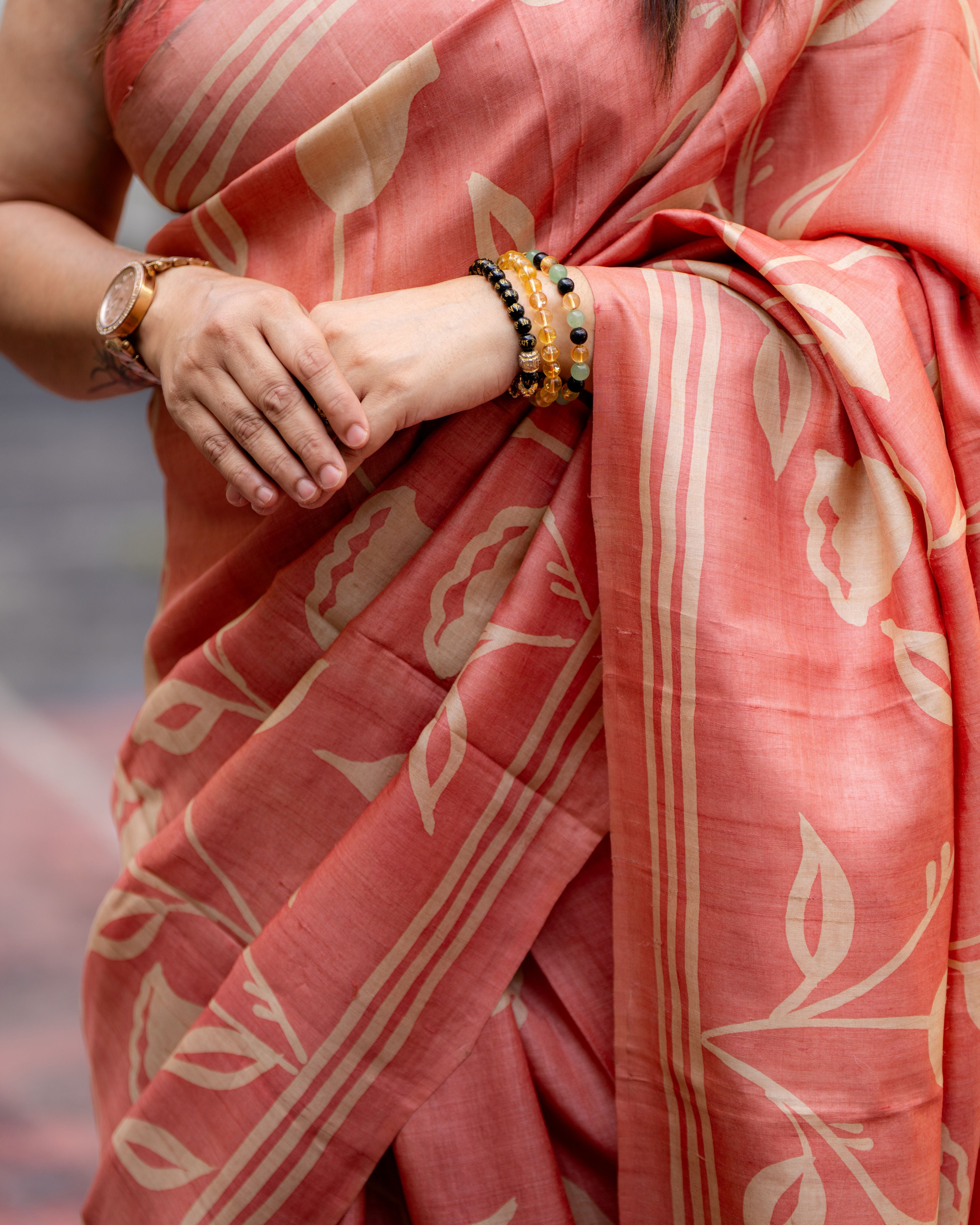 Coral Blossom Siuli Batik Silk Saree