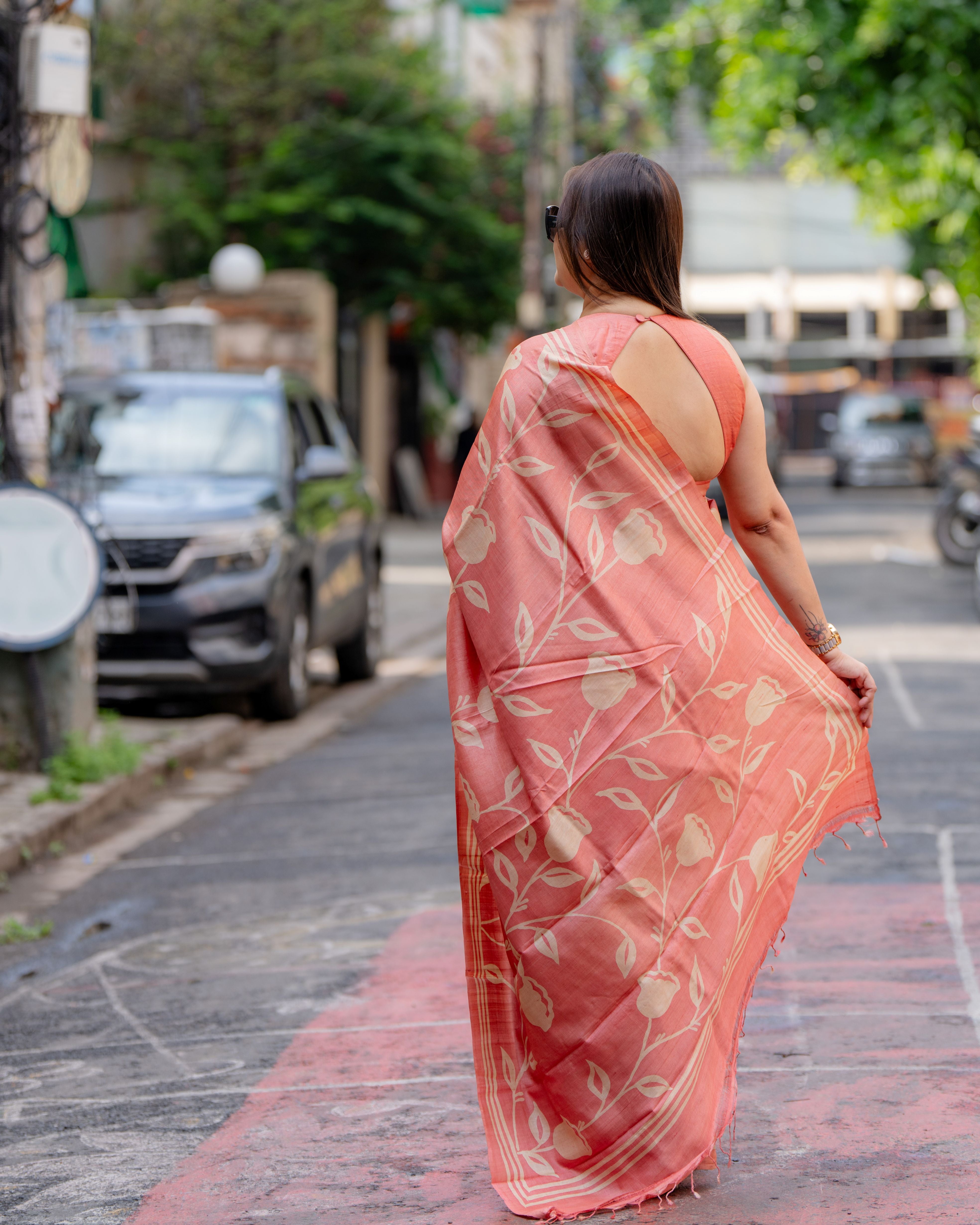 Coral Blossom Siuli Batik Silk Saree