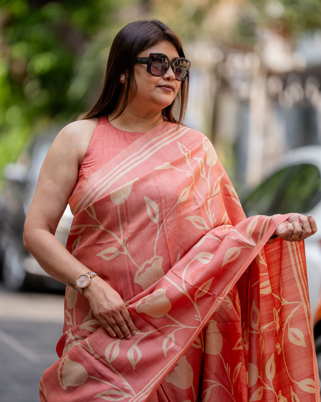 Coral Blossom Siuli Batik Silk Saree