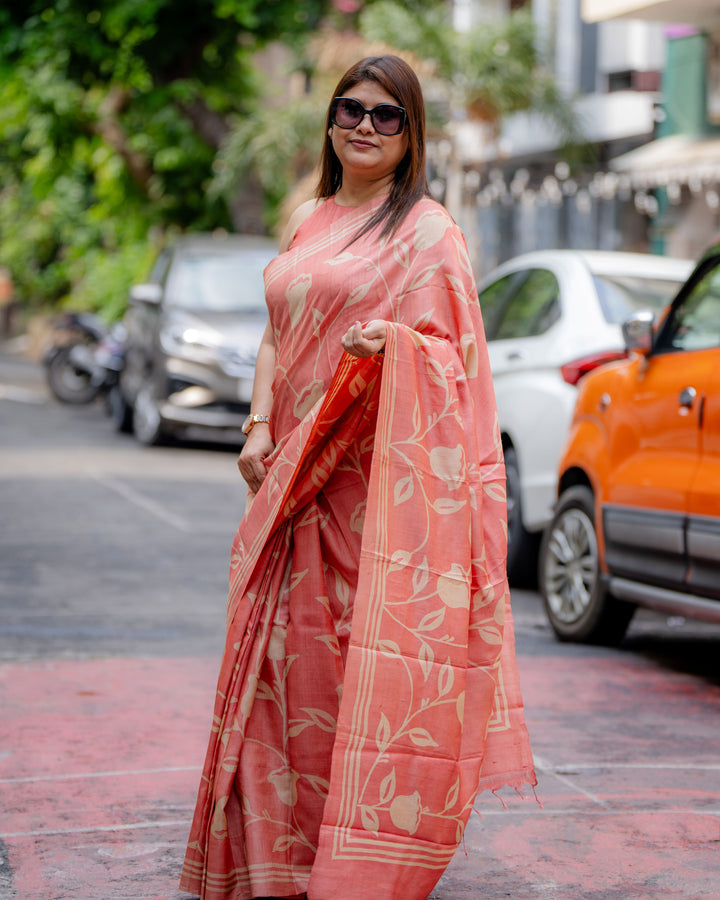 Coral Blossom Siuli Batik Silk Saree