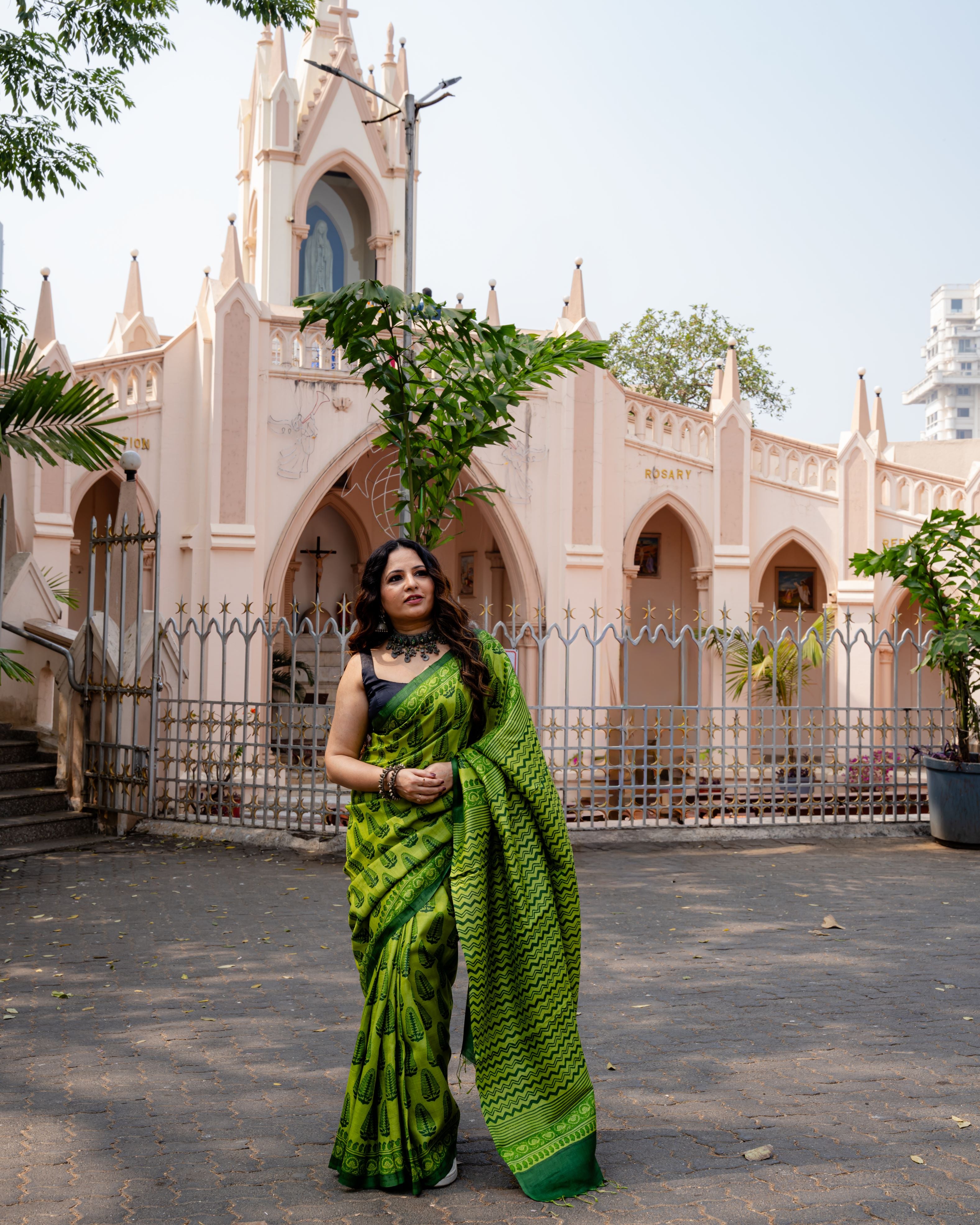 Emerald Leaf Block Print Pure Tussar Saree