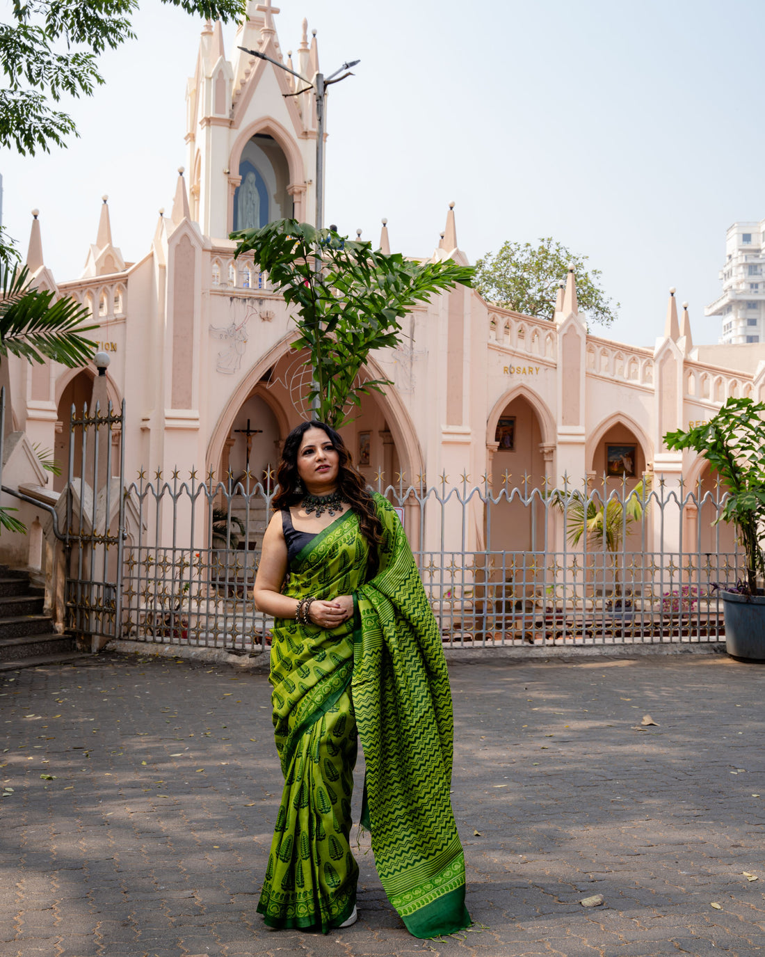 Emerald Leaf Block Print Pure Tussar Saree