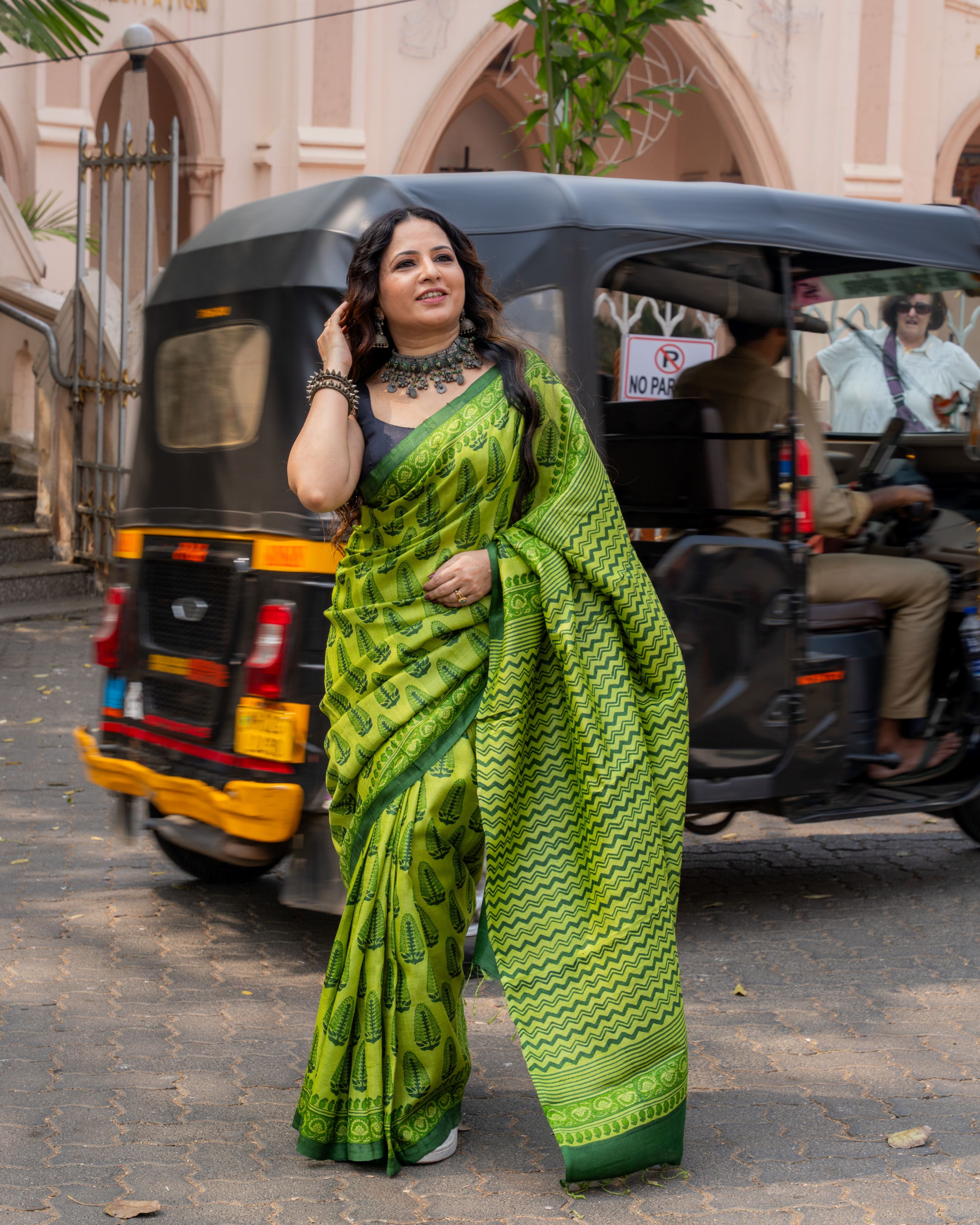 Emerald Leaf Block Print Pure Tussar Saree