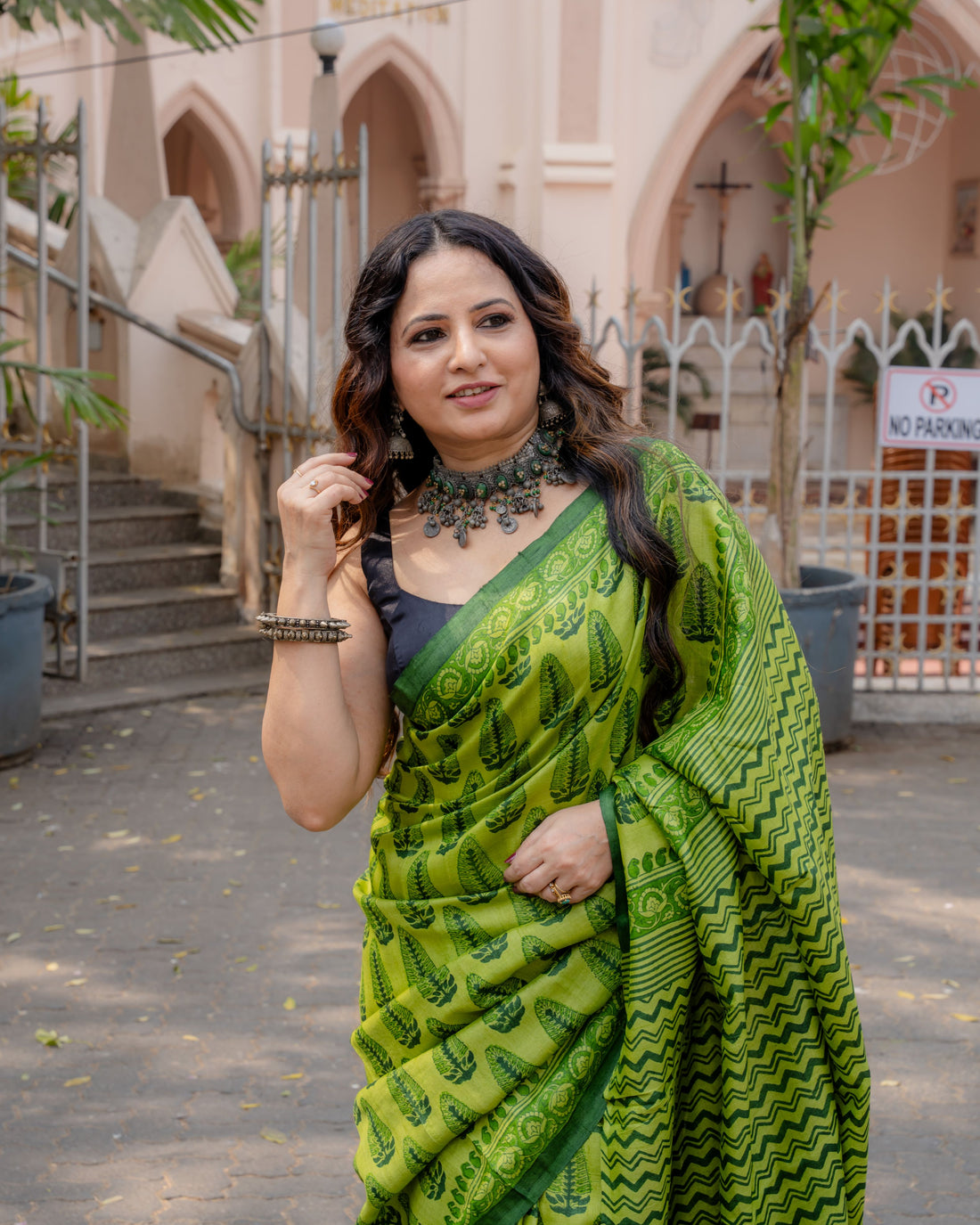 Emerald Leaf Block Print Pure Tussar Saree