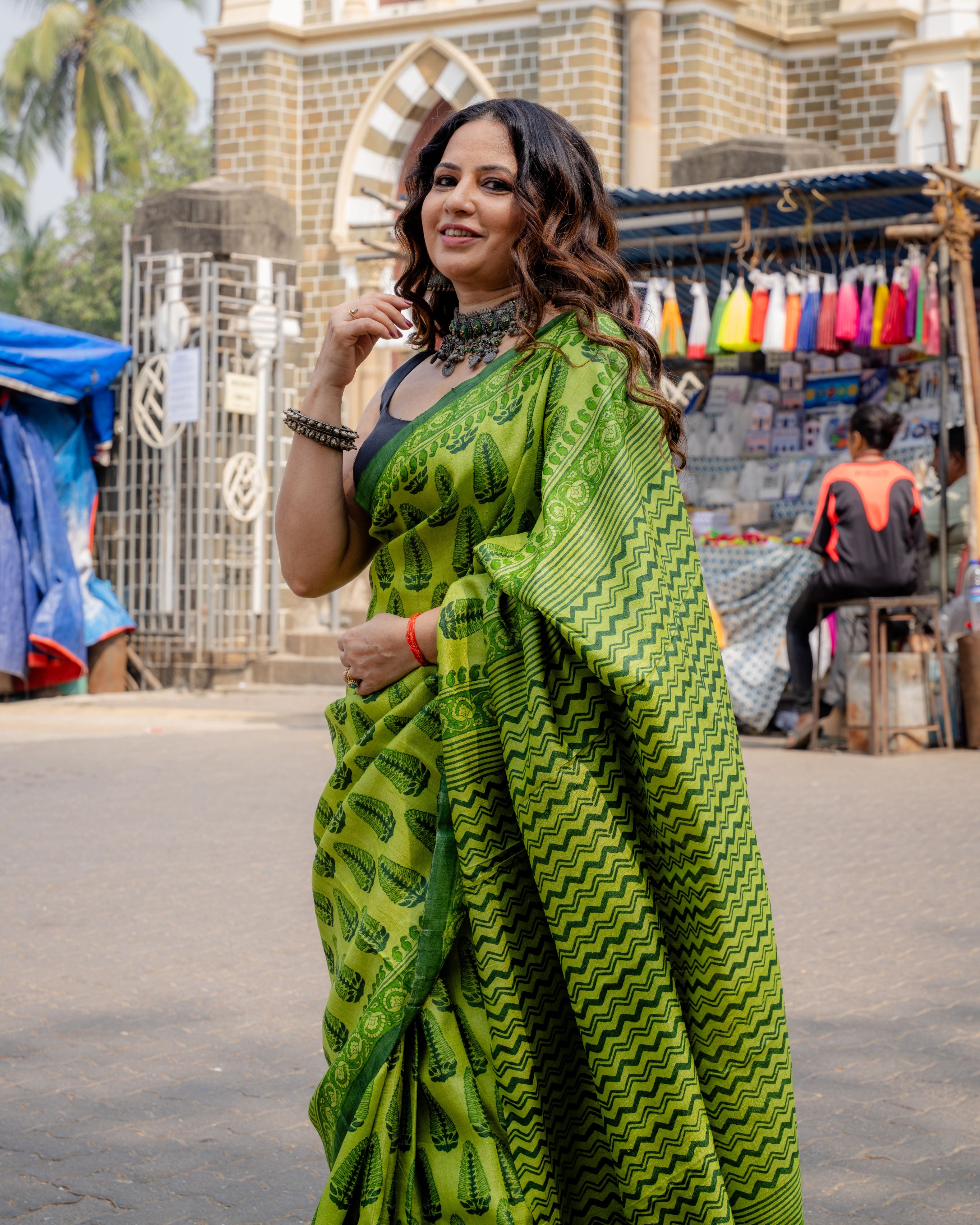 Emerald Leaf Block Print Pure Tussar Saree