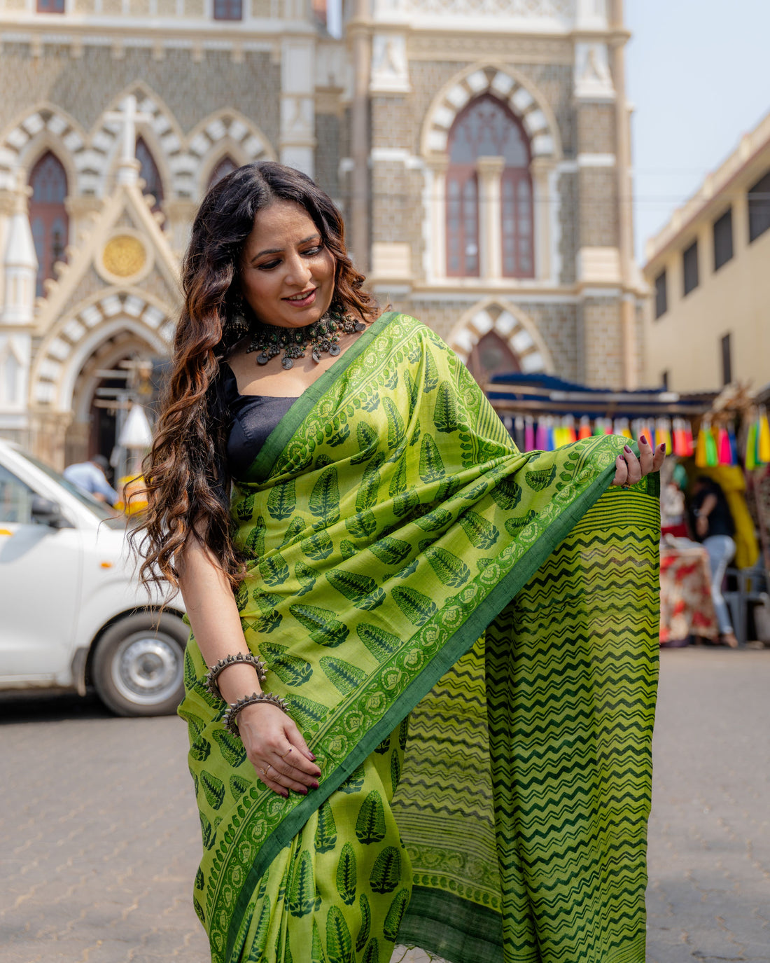 Emerald Leaf Block Print Pure Tussar Saree