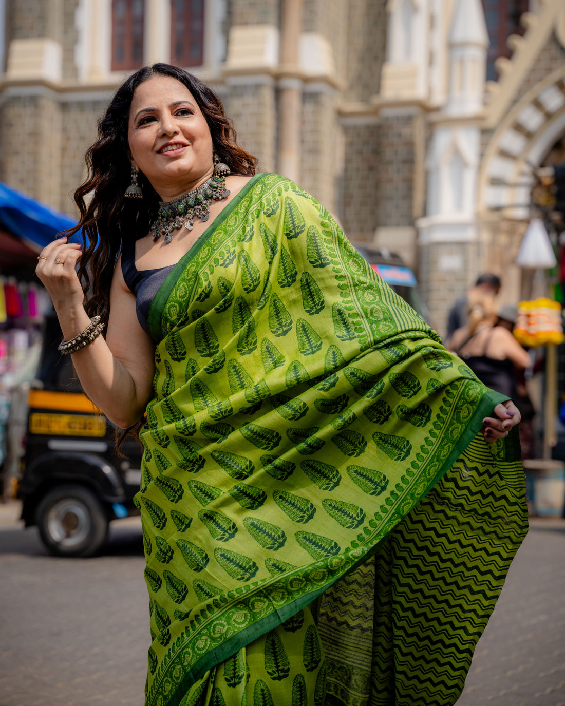 Emerald Leaf Block Print Pure Tussar Saree