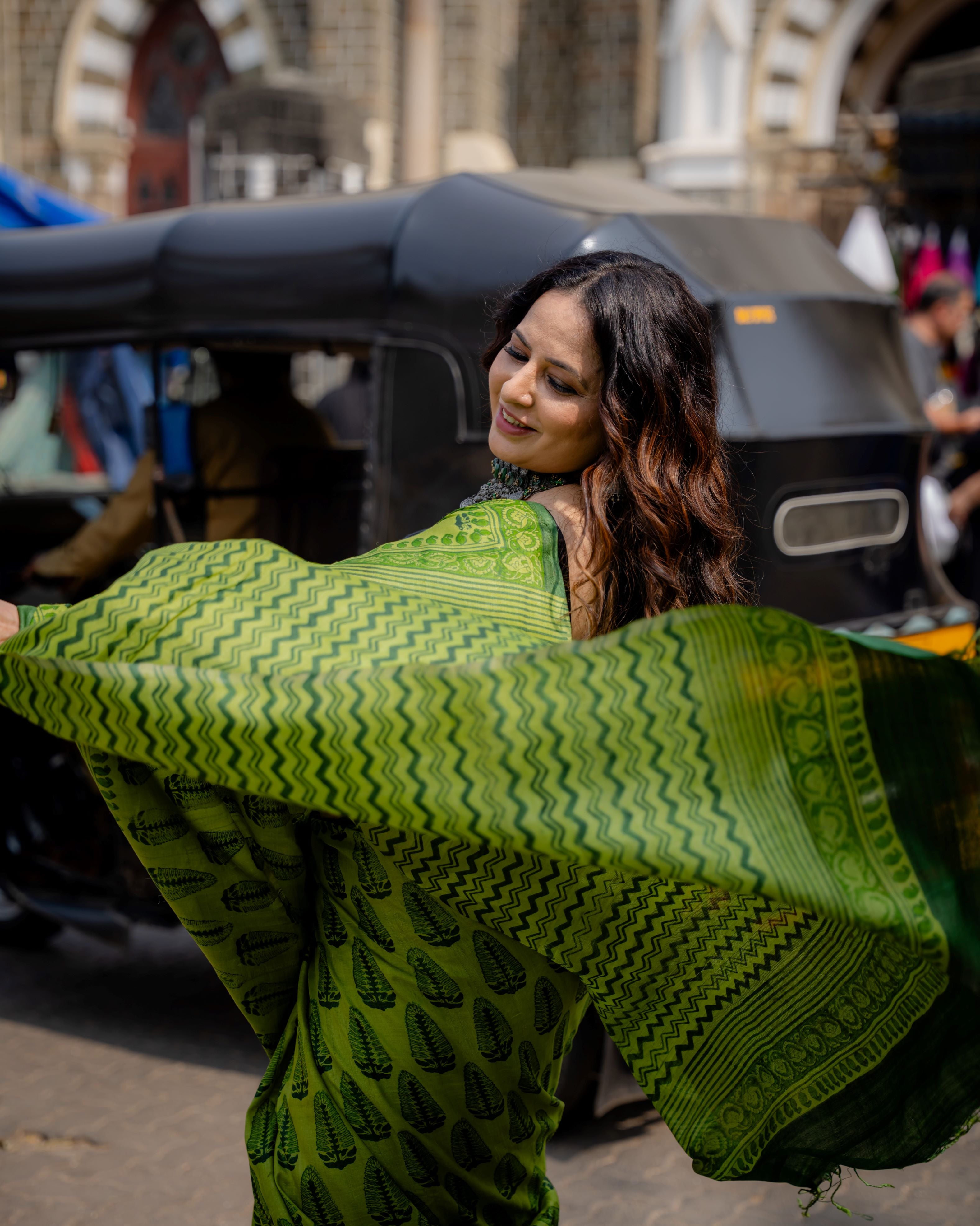 Emerald Leaf Block Print Pure Tussar Saree