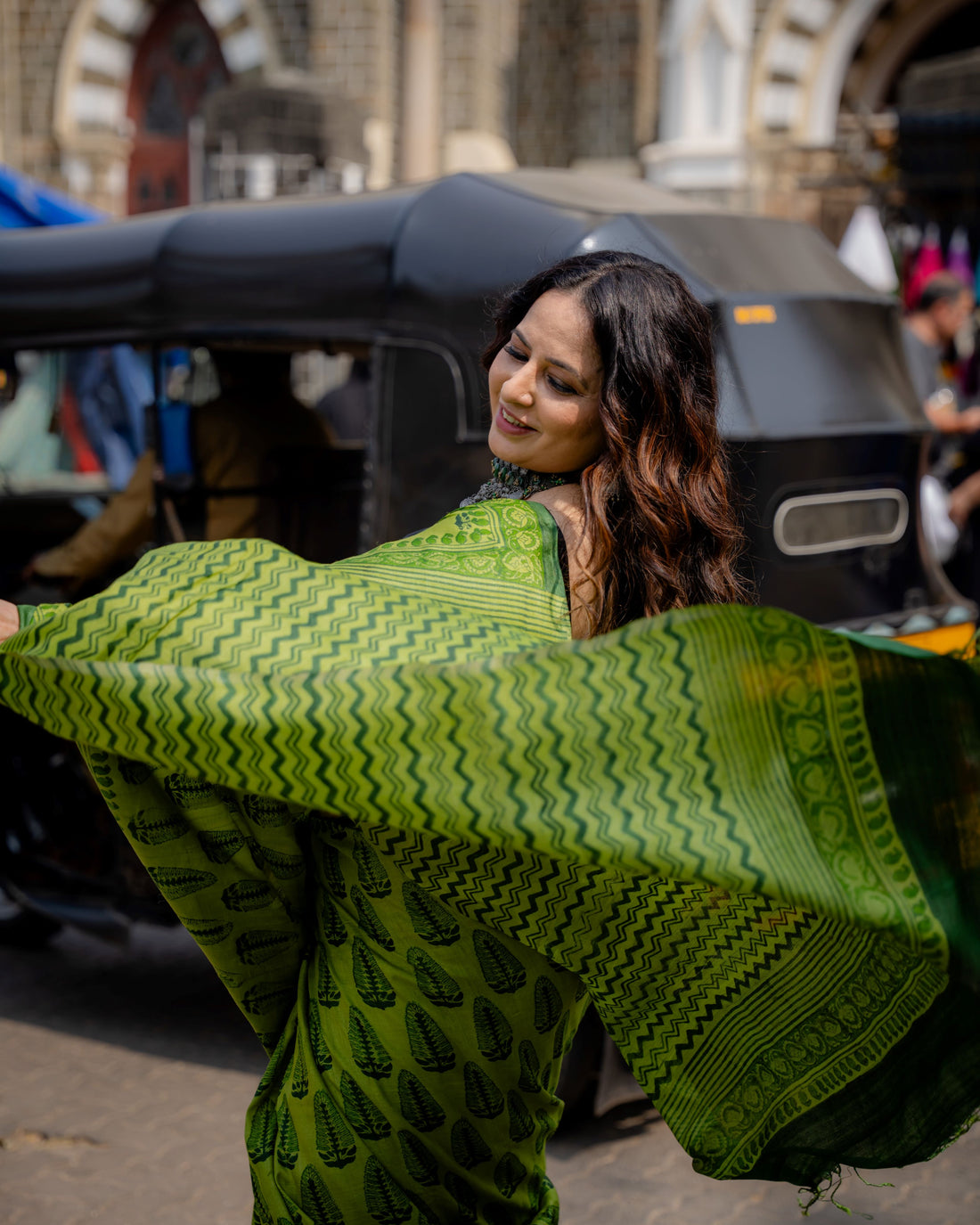 Emerald Leaf Block Print Pure Tussar Saree
