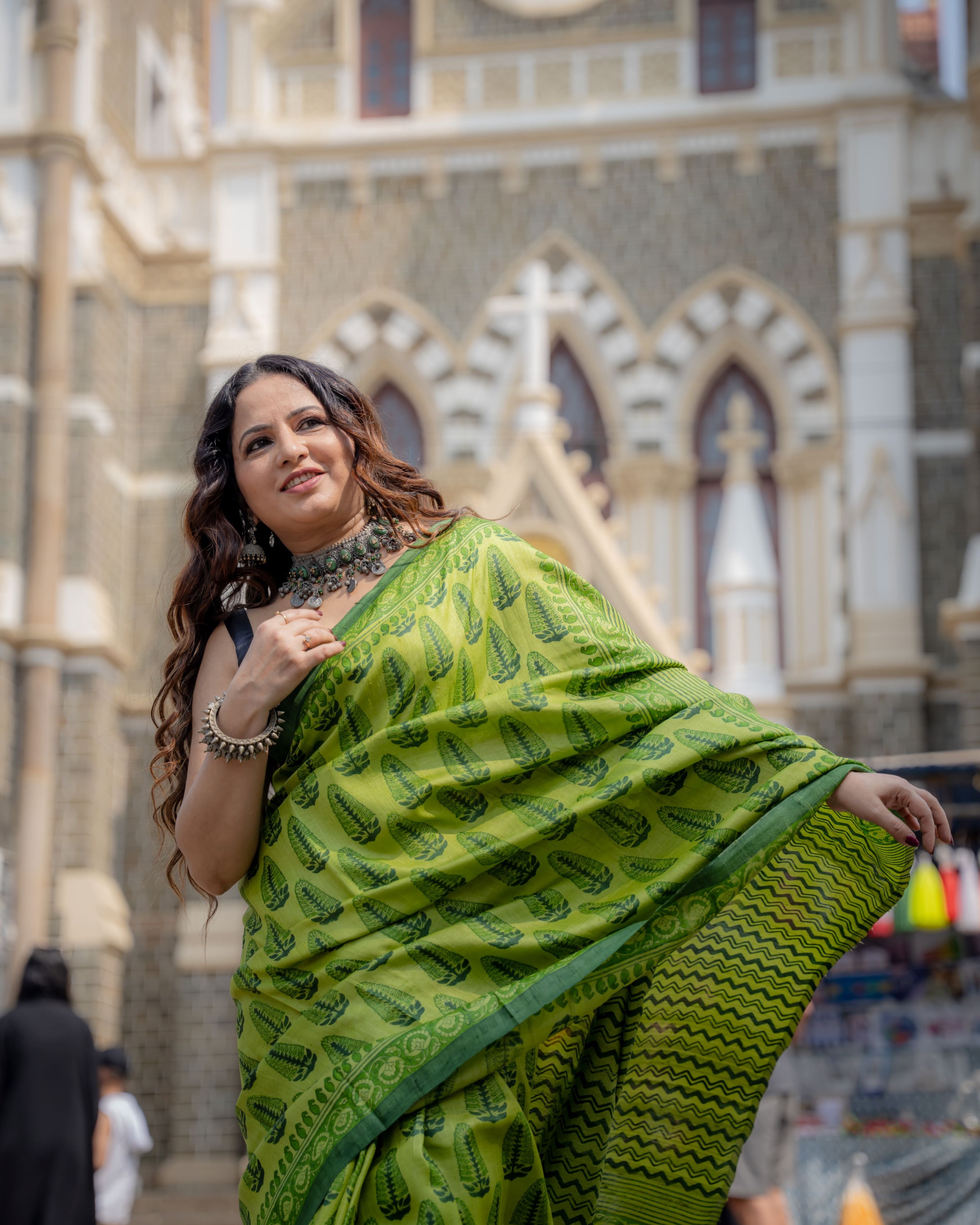 Emerald Leaf Block Print Pure Tussar Saree
