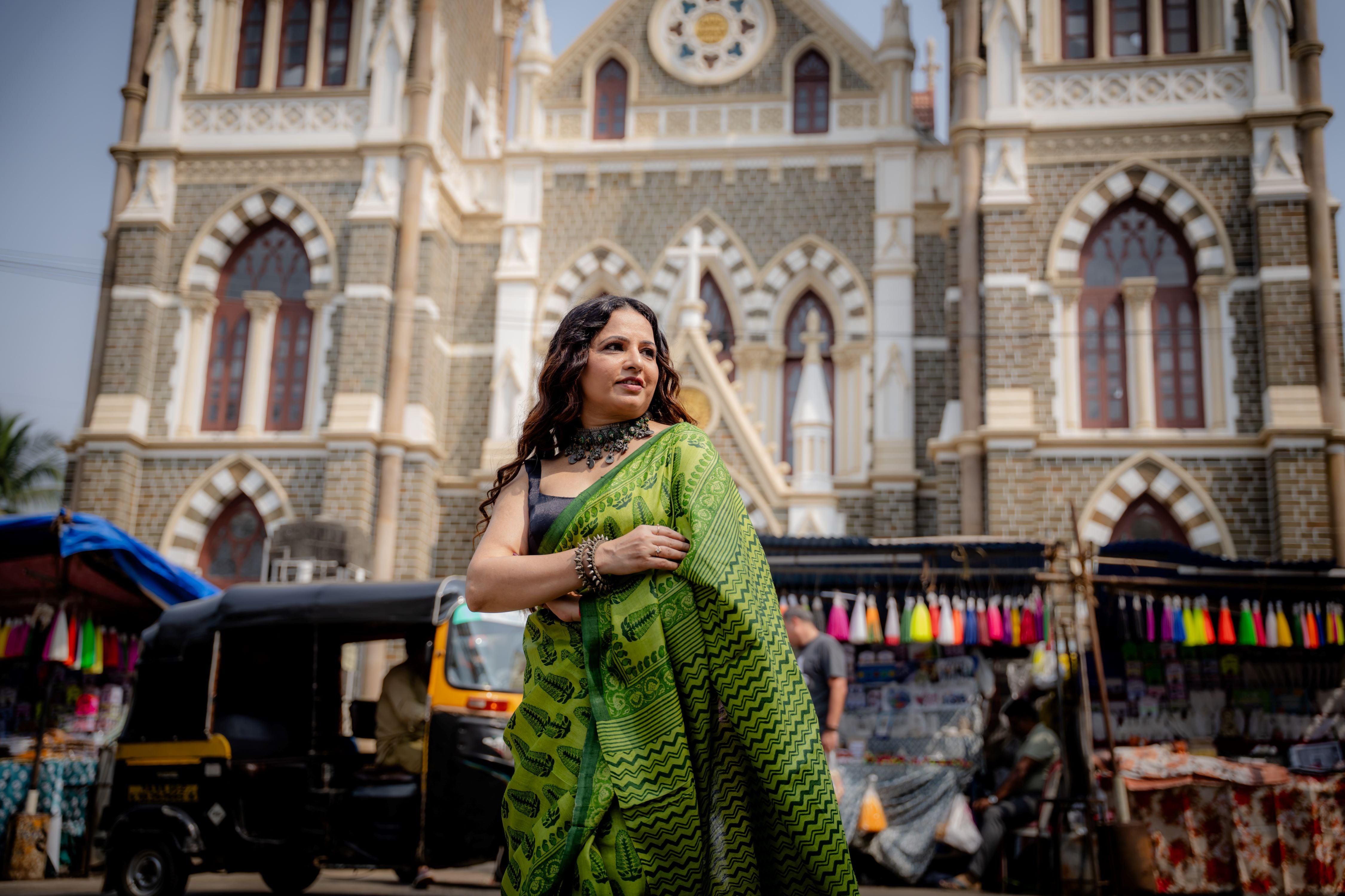 Emerald Leaf Block Print Pure Tussar Saree