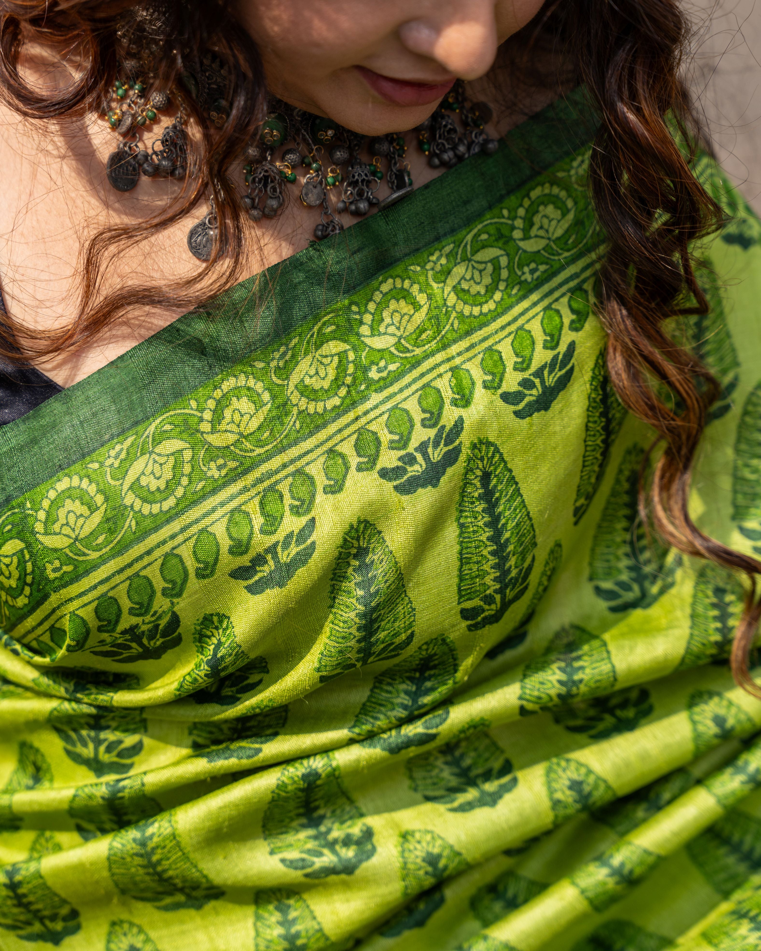 Emerald Leaf Block Print Pure Tussar Saree