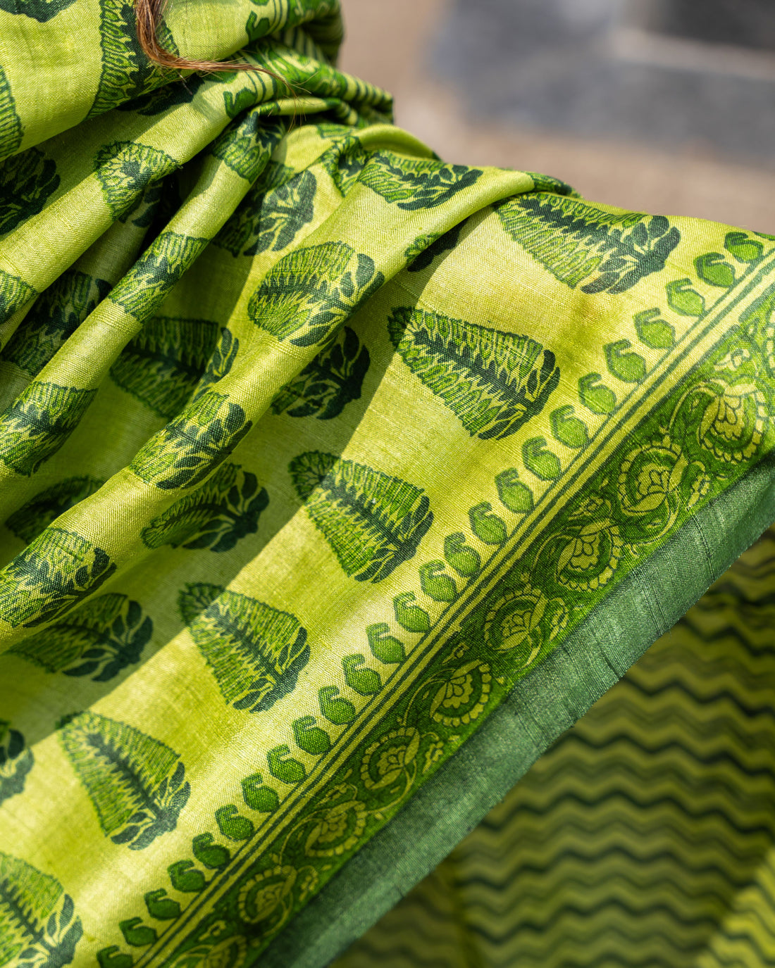 Emerald Leaf Block Print Pure Tussar Saree