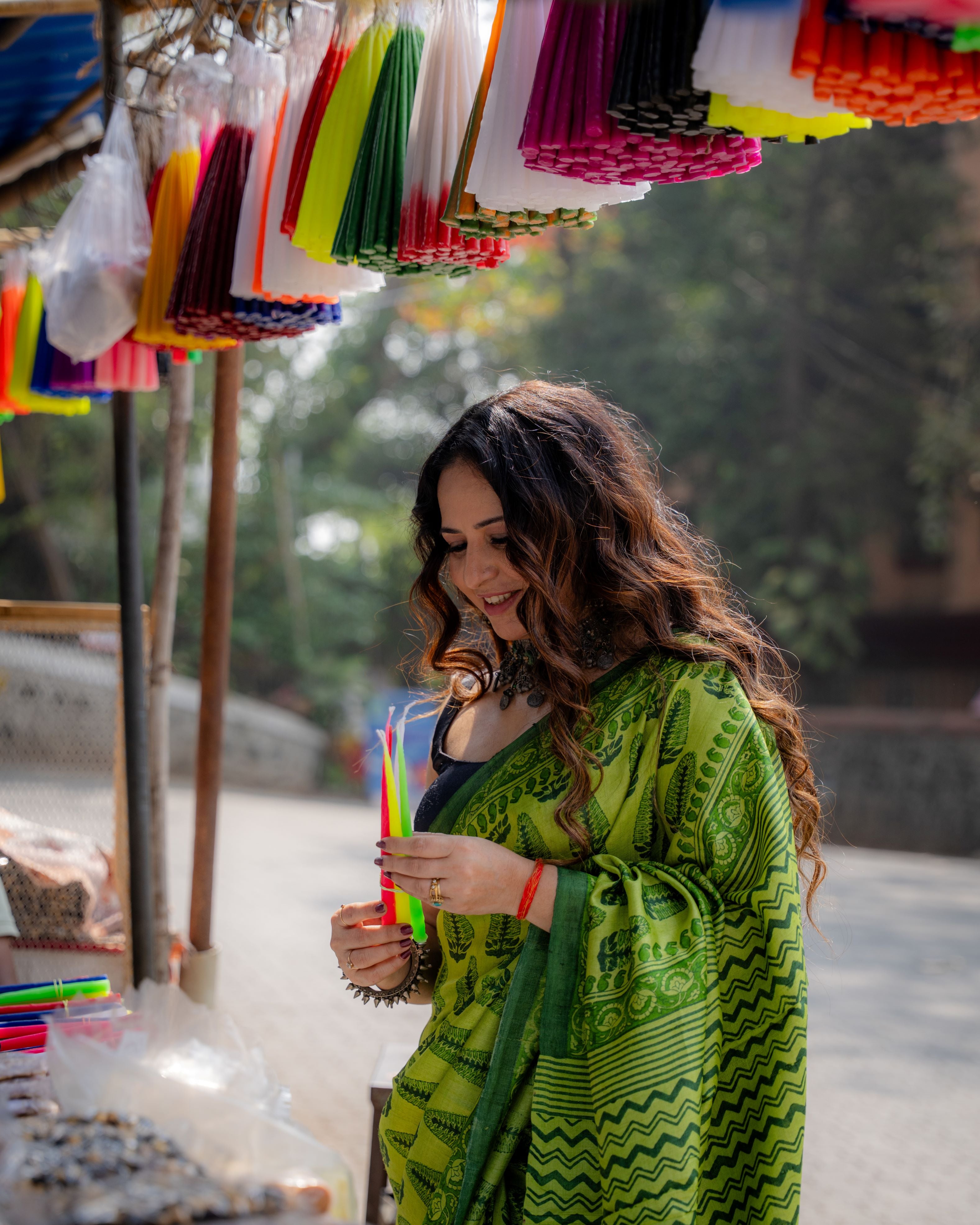 Emerald Leaf Block Print Pure Tussar Saree