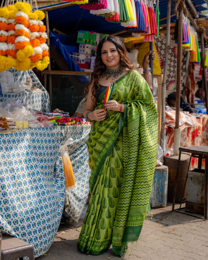 Emerald Leaf Block Print Pure Tussar Saree