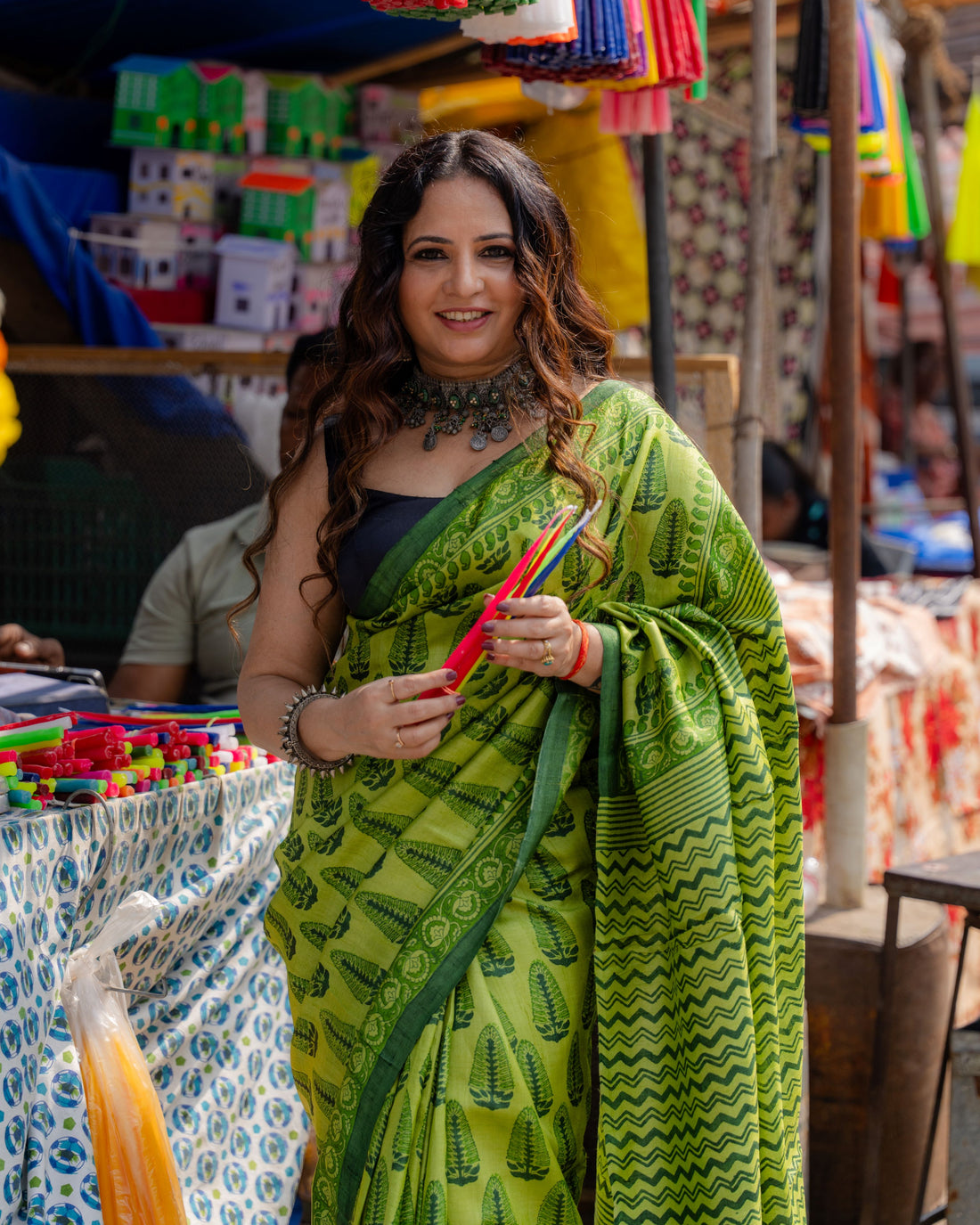Emerald Leaf Block Print Pure Tussar Saree