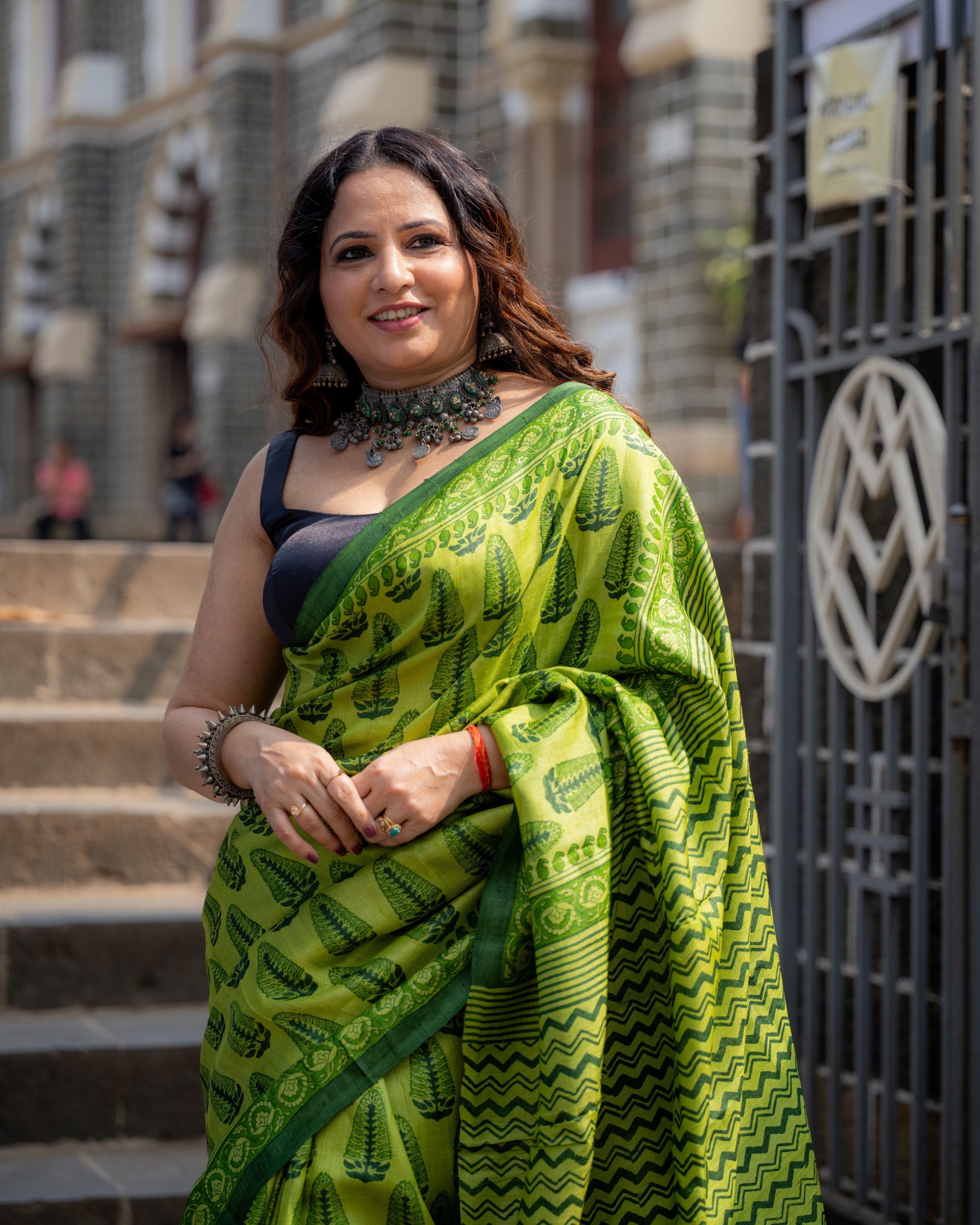 Emerald Leaf Block Print Pure Tussar Saree