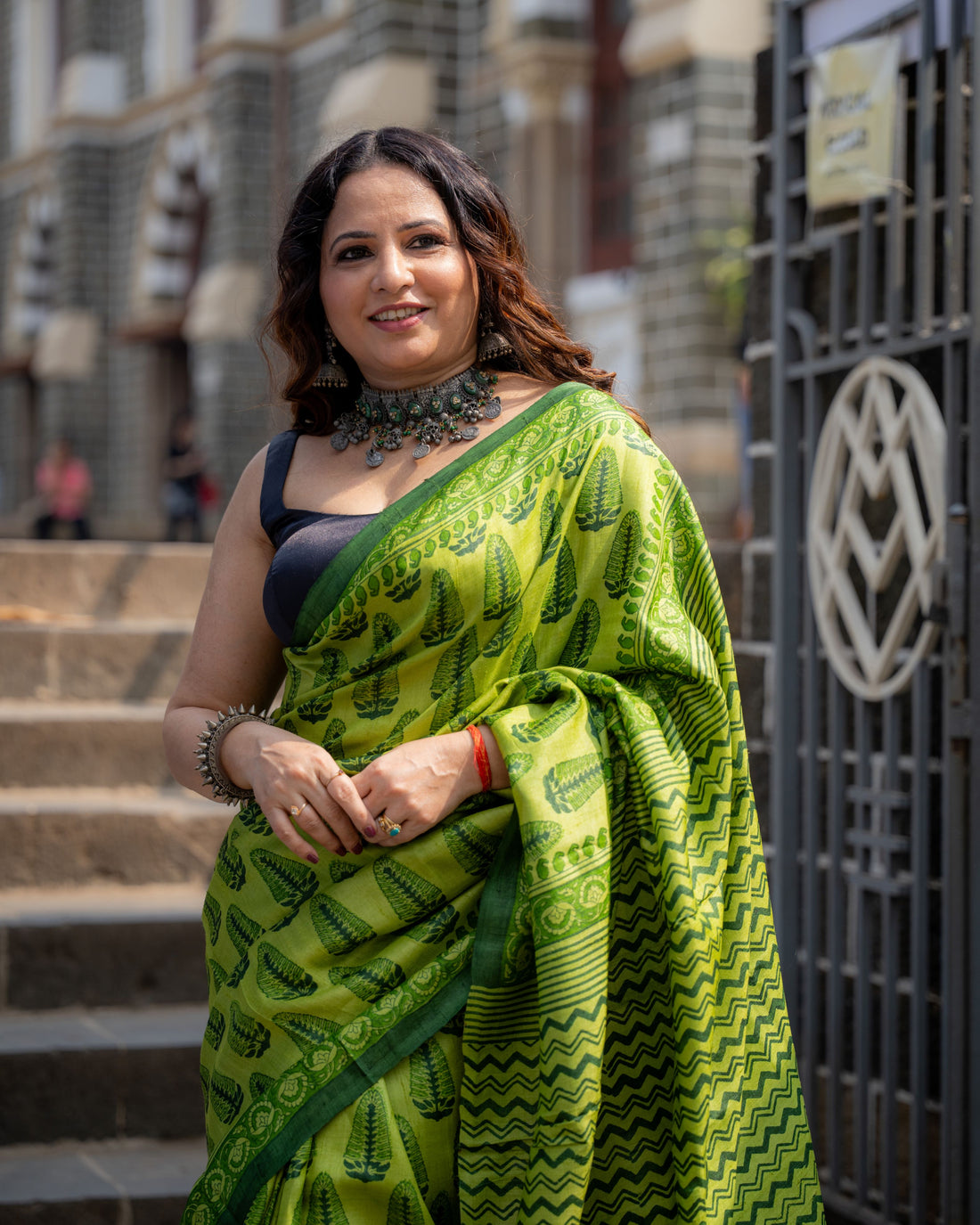 Emerald Leaf Block Print Pure Tussar Saree
