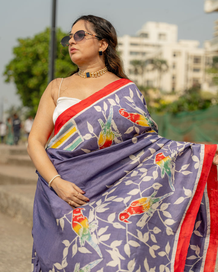 Lavender Parrot Pure Silk Batik Saree