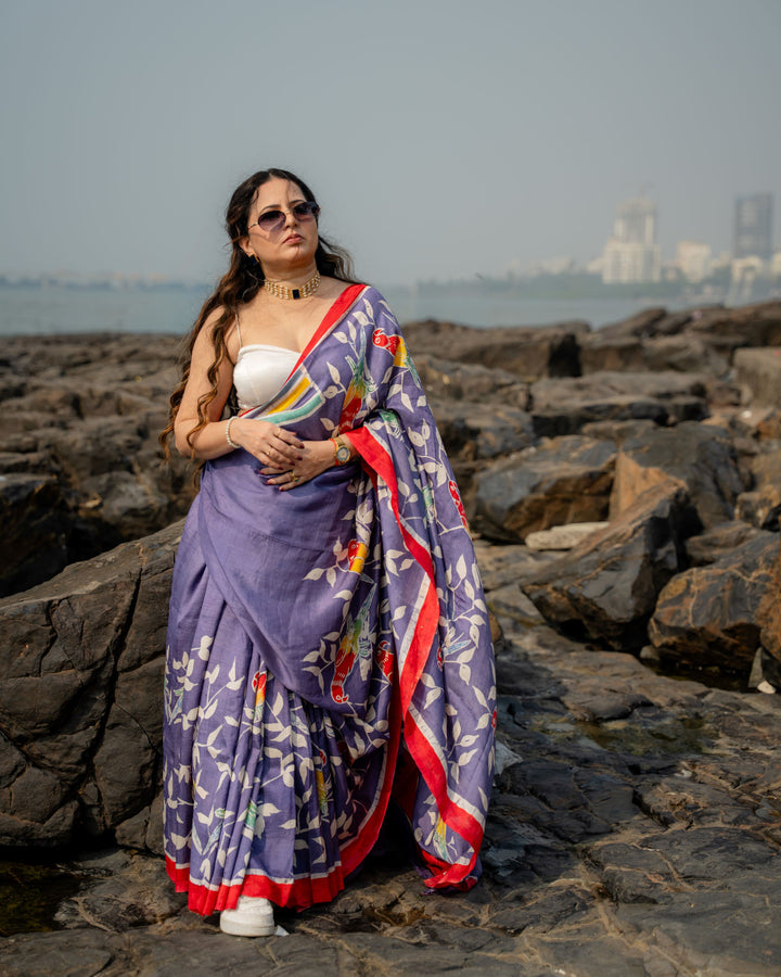 Lavender Parrot Pure Silk Batik Saree